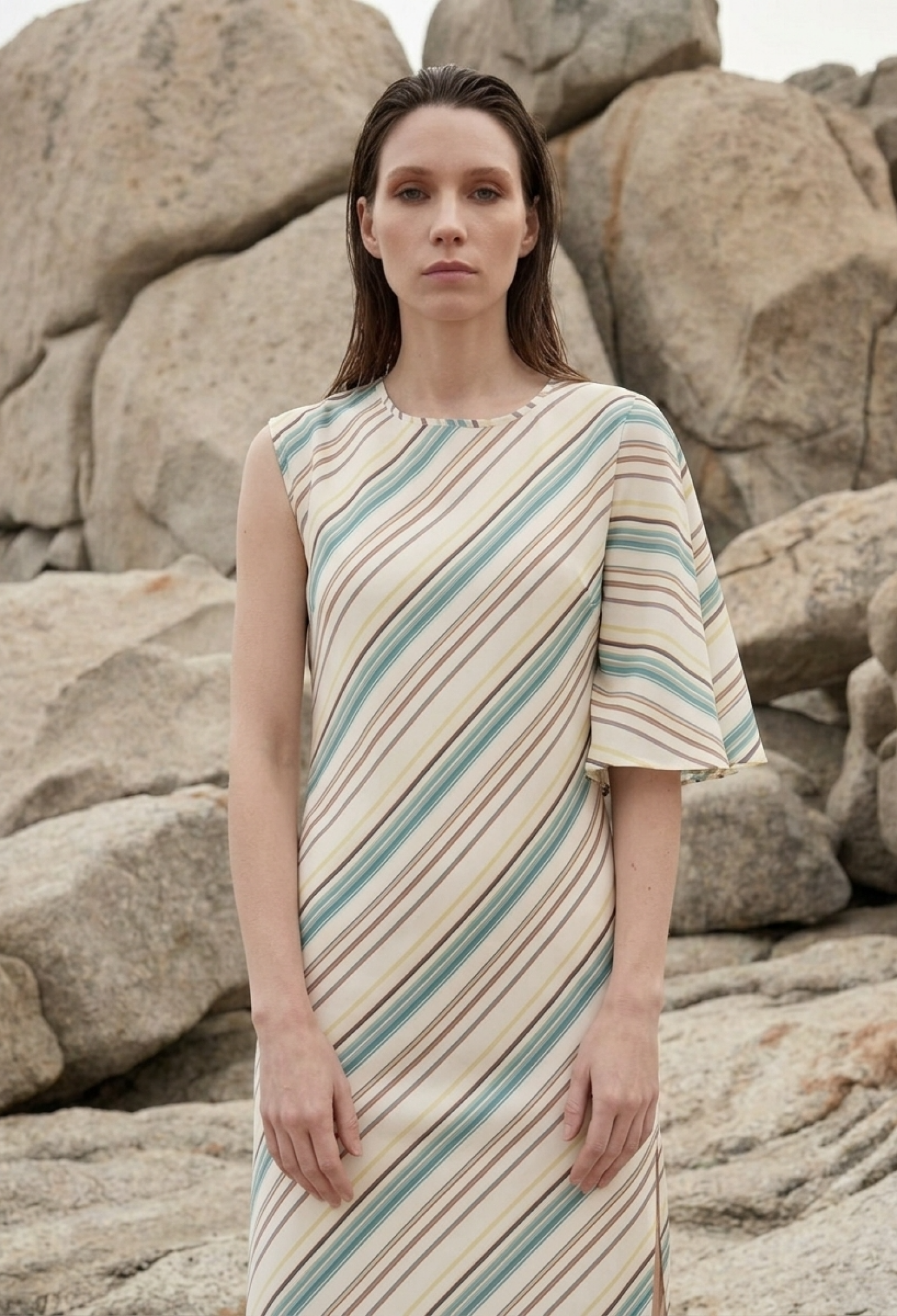 Elegant Beige Striped Sheath Dress - Brand: My Fashion - Women & Kids, Baby Clothes Wholesale - TheBS Women