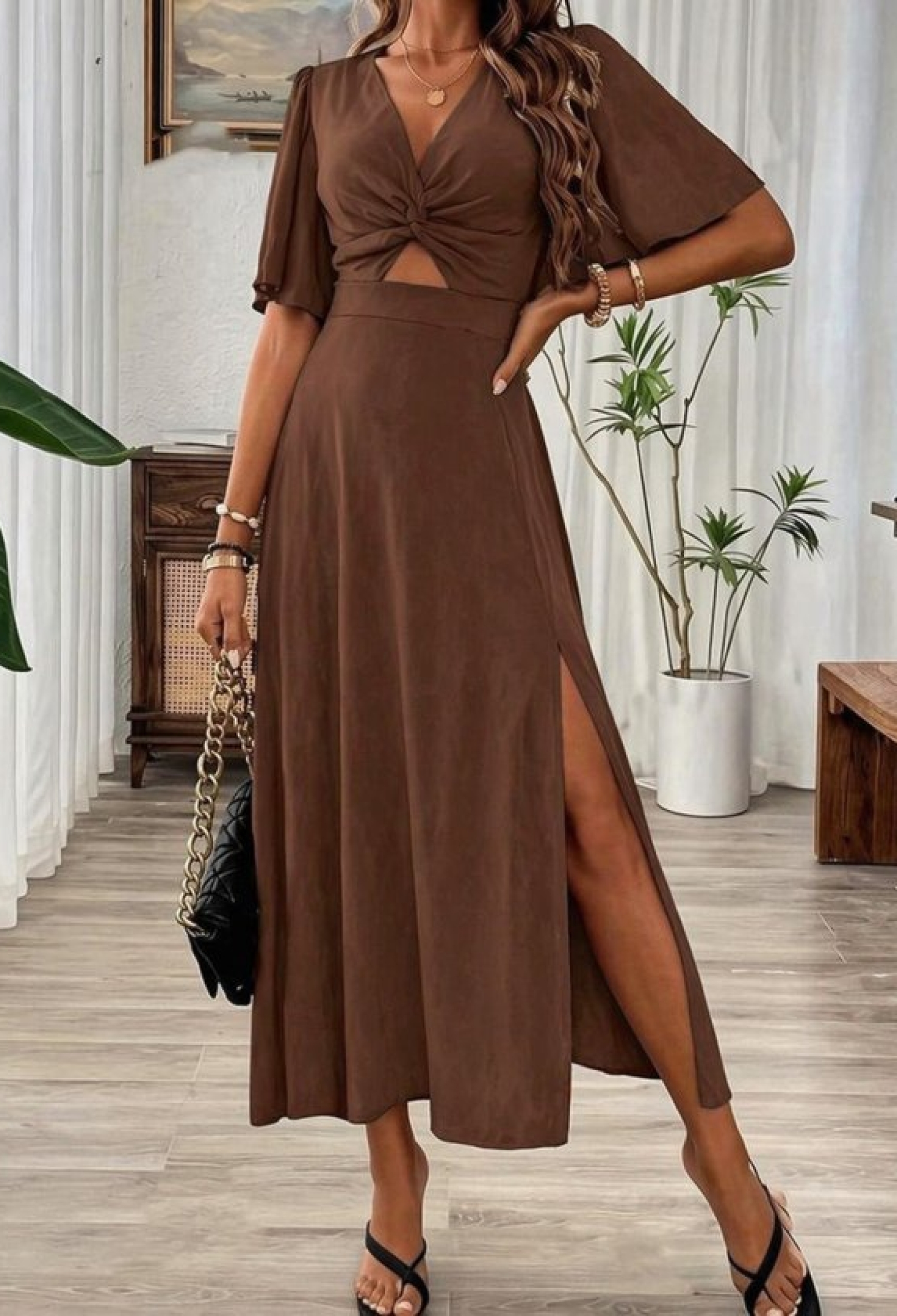 ElegantMidi Dress With V-Neck And Slit - Brand: Janes - Women & Kids, Baby Clothes Wholesale - TheBS Women