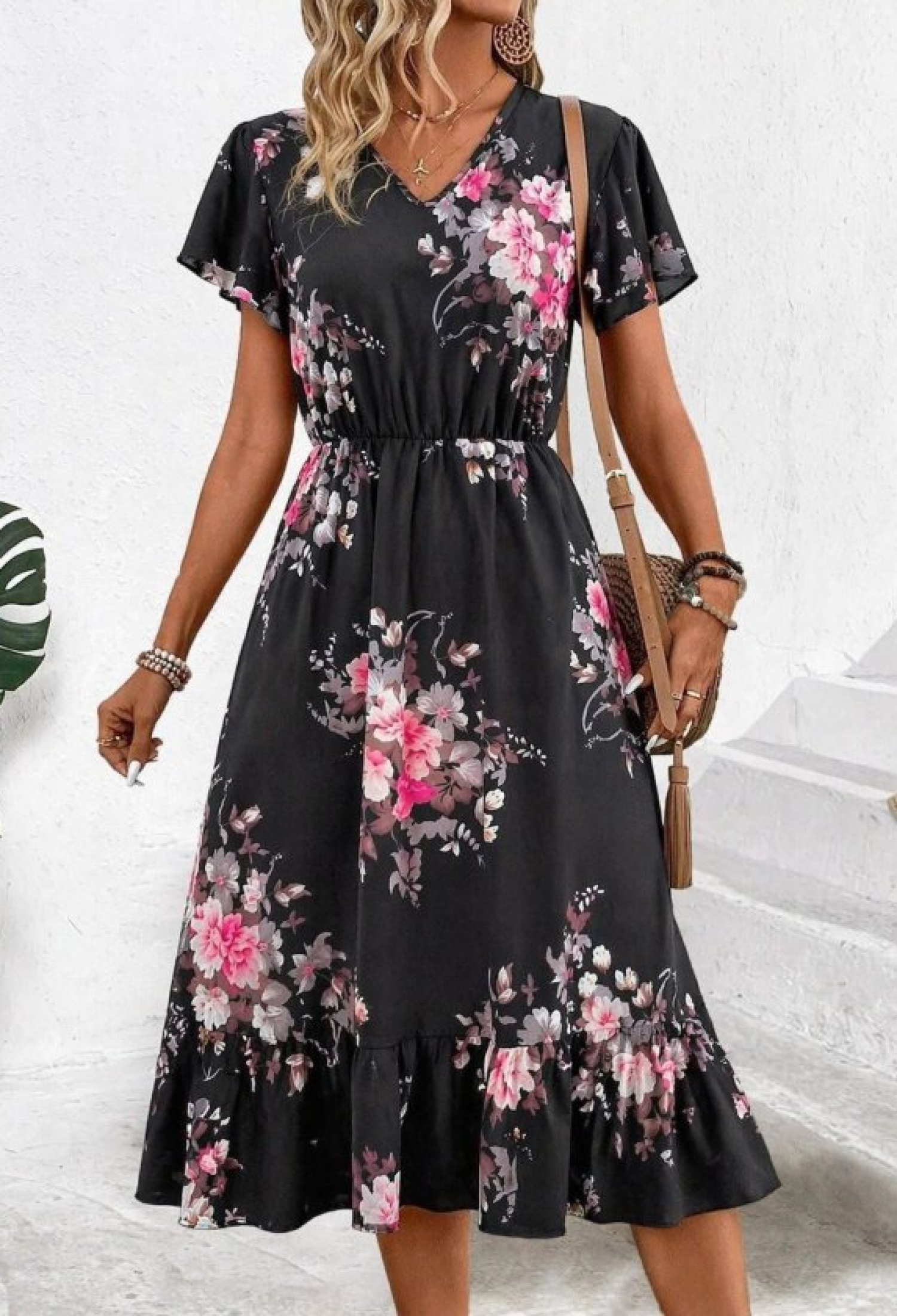 Floral A-Line Midi Dress With V-Neck Flutter Sleeve - Brand: Janes - Women & Kids, Baby Clothes Wholesale - TheBS Women