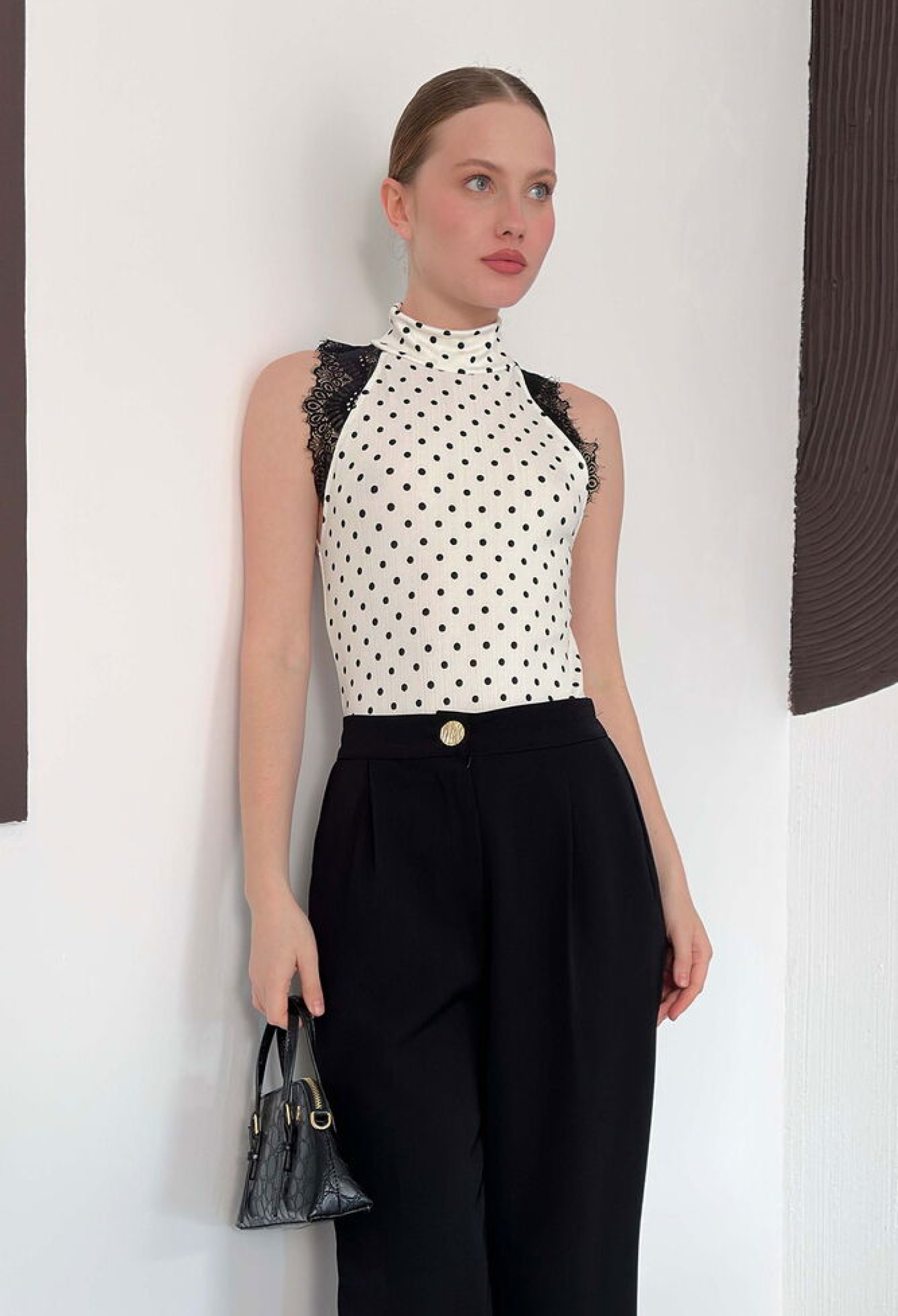 White Polka Dot Sleeveless Slim Fit Blouse - Brand: Topshow - Women & Kids, Baby Clothes Wholesale - TheBS Women