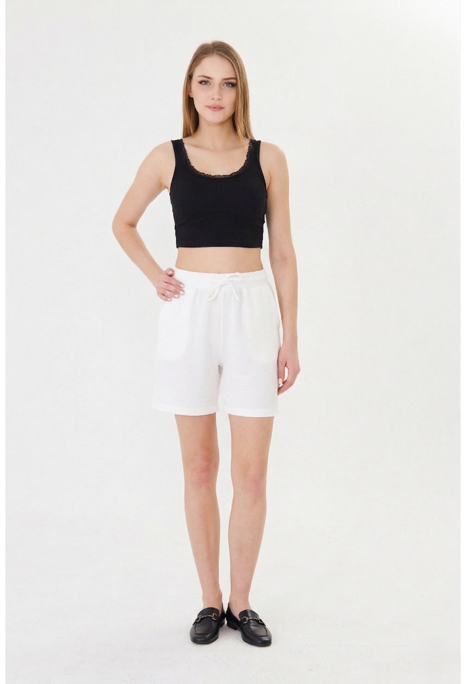 White Sweat Shorts With Drawstring & Patch Pocket - Brand: Sortie Collection - Women & Kids, Baby Clothes Wholesale - TheBS Women