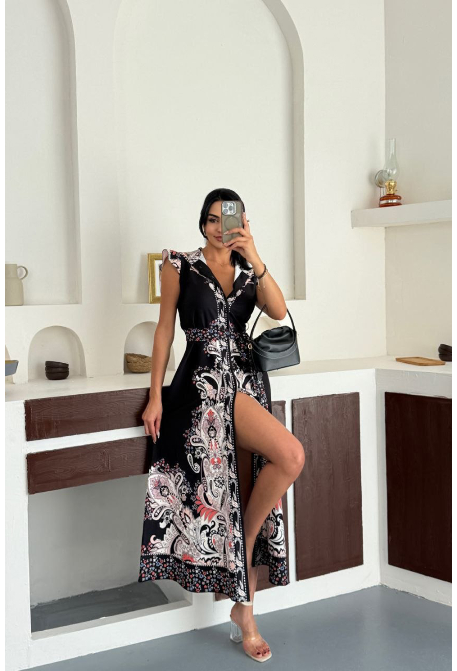 Black Wrap Dress With Paisley Ruffle Cap Sleeves - Brand: Mode Roy - Women & Kids, Baby Clothes Wholesale - TheBS Women