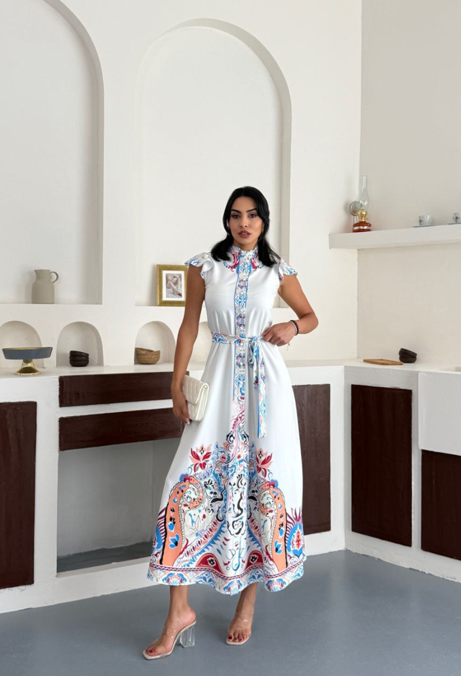 Solid Collar Print Sleeveless Belted Full Length Design Dress - White - Brand: Mode Roy - Women & Kids, Baby Clothes Wholesale - TheBS Women