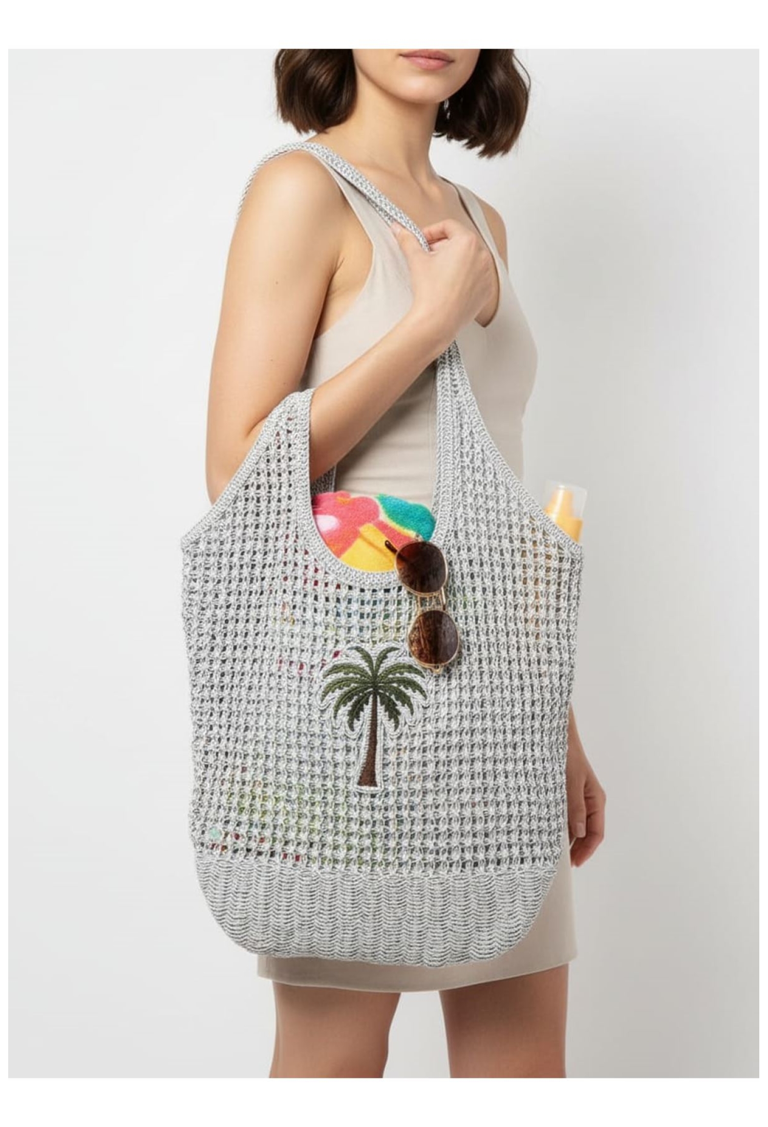 Silvery Straw Beach Bag Women Shoulder Bag Large Size Sparkling Summer Bag Daily Use Palm Pattern
