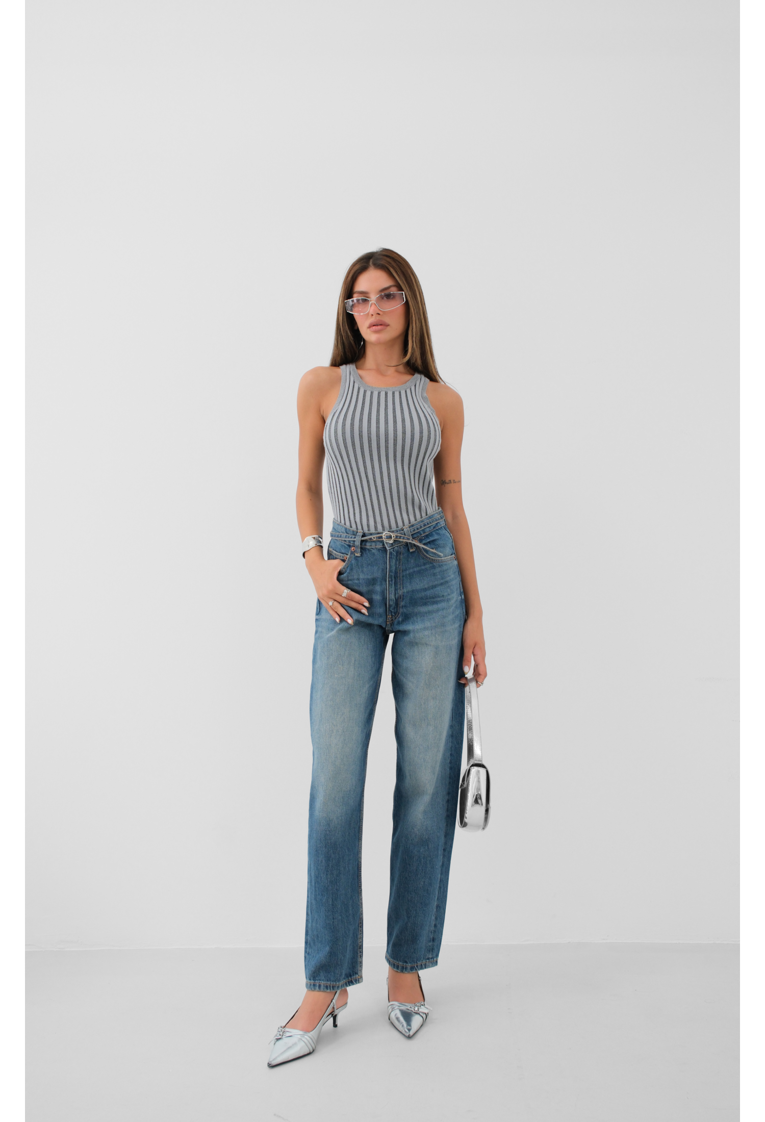 Ribbed Swim Neck Blouse - Gray & Black