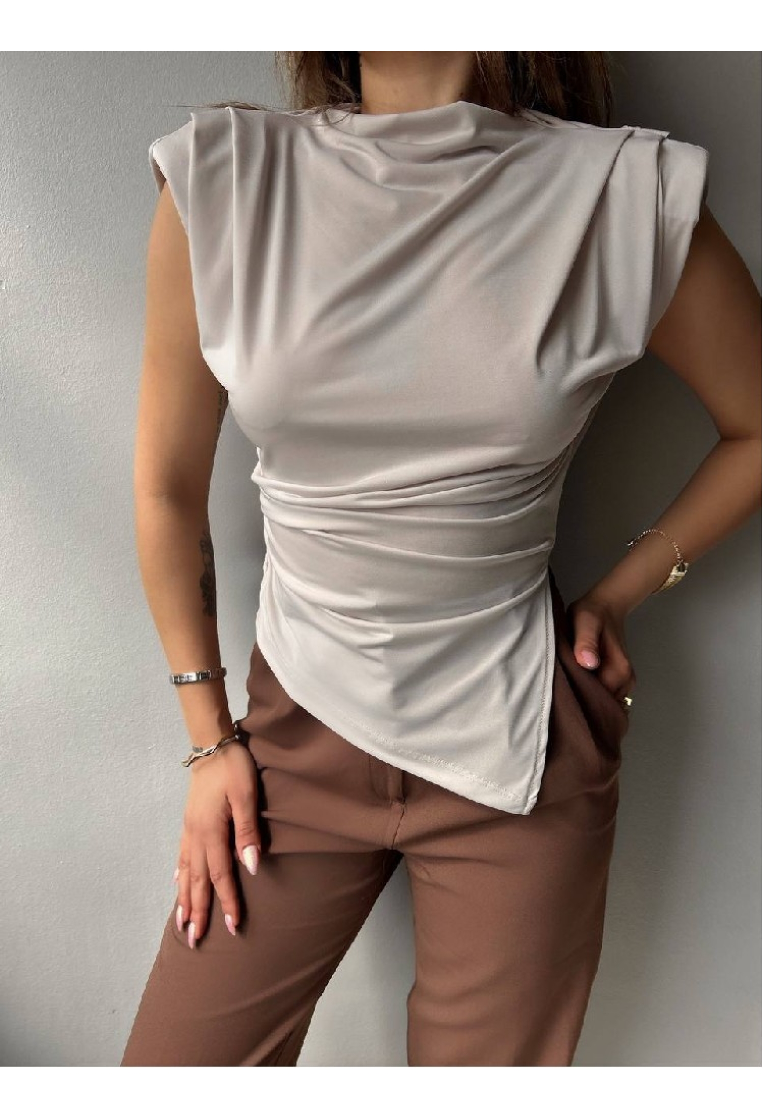 Beige Elegant Slim Fit Blouse With High Neck
