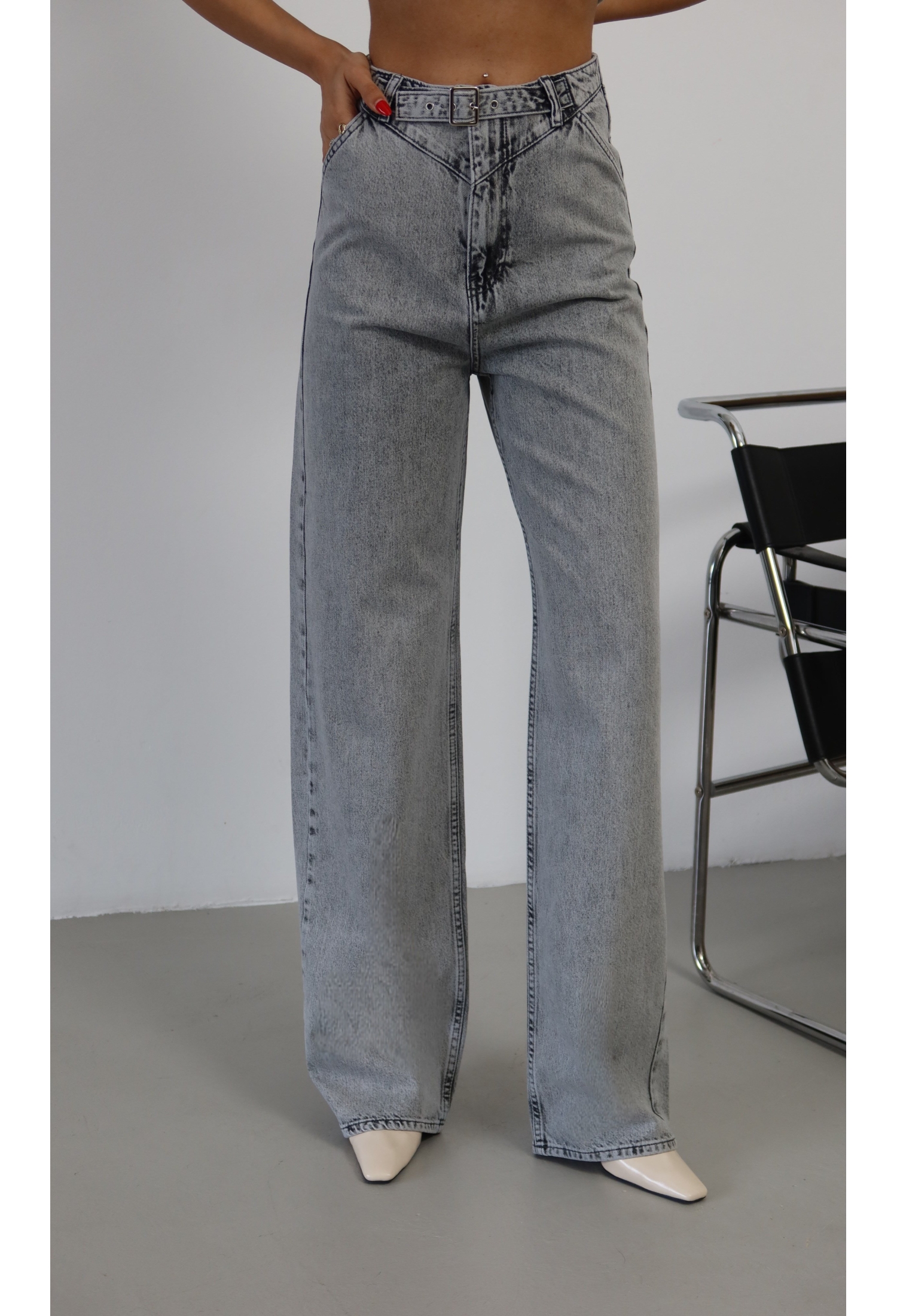 Grey High Waist Mom Jeans With Wide Leg