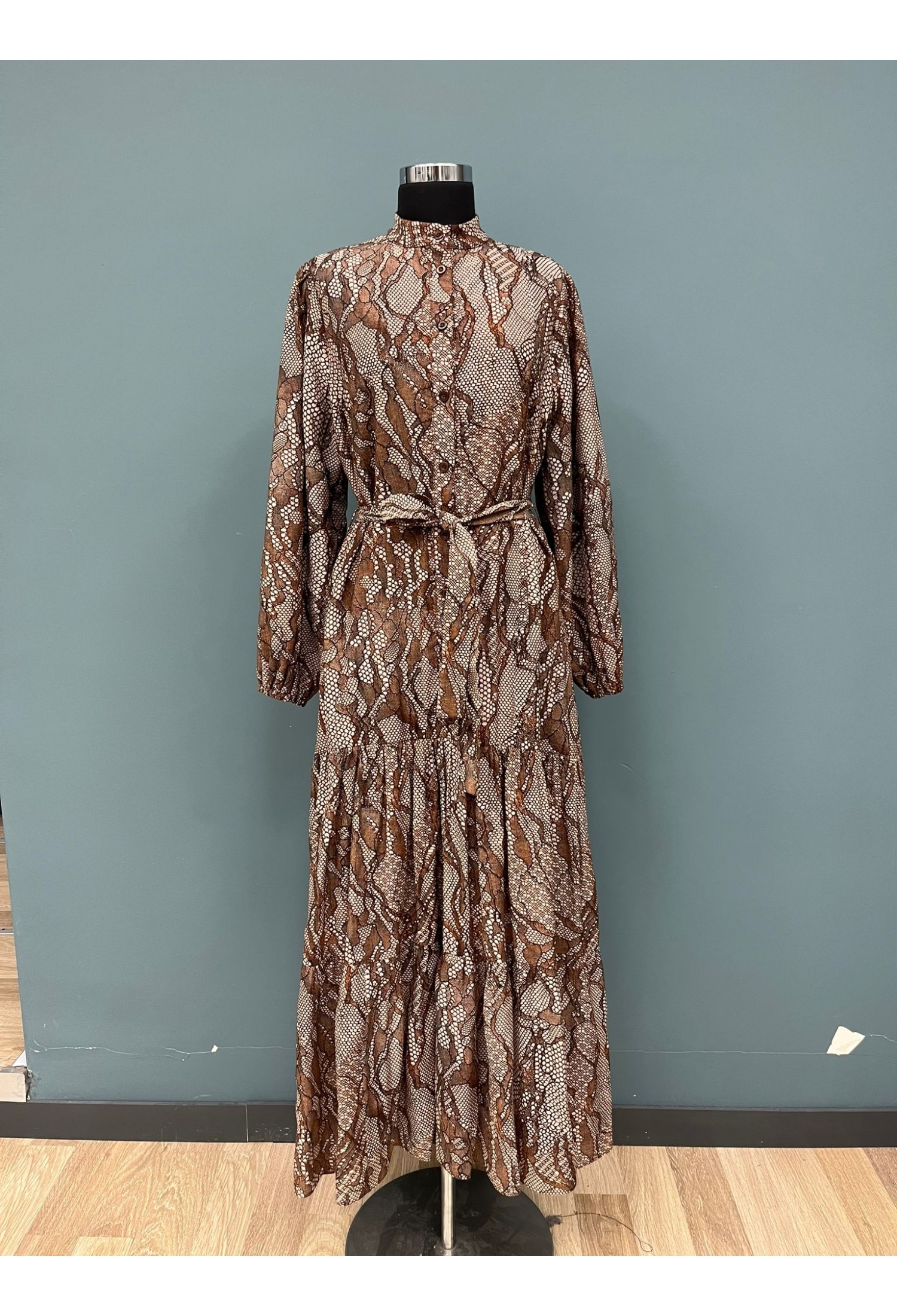 Elegant Brown Wrap Maxi Dress With Animal Print