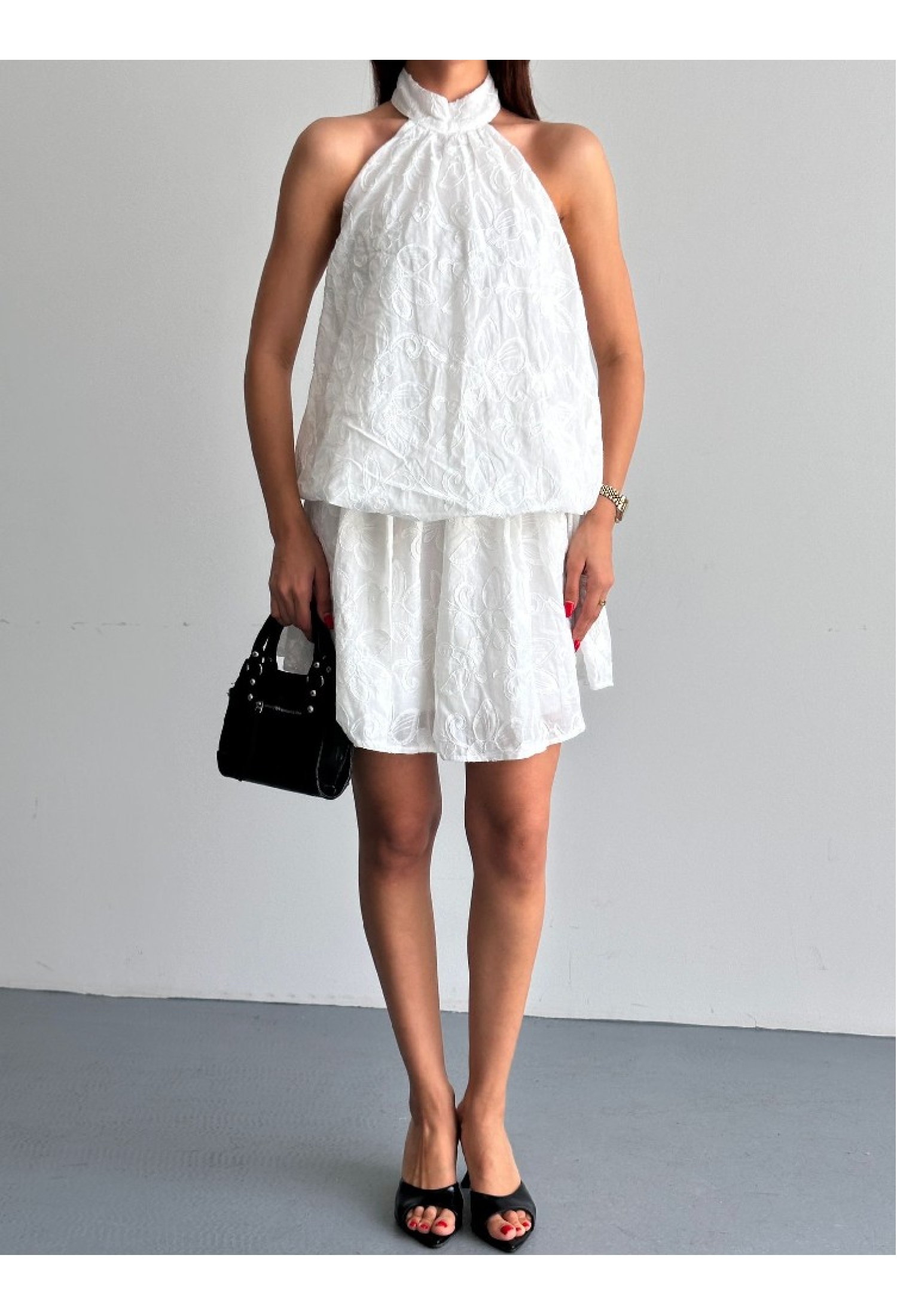 White Halter Neck Mini Shift Dress