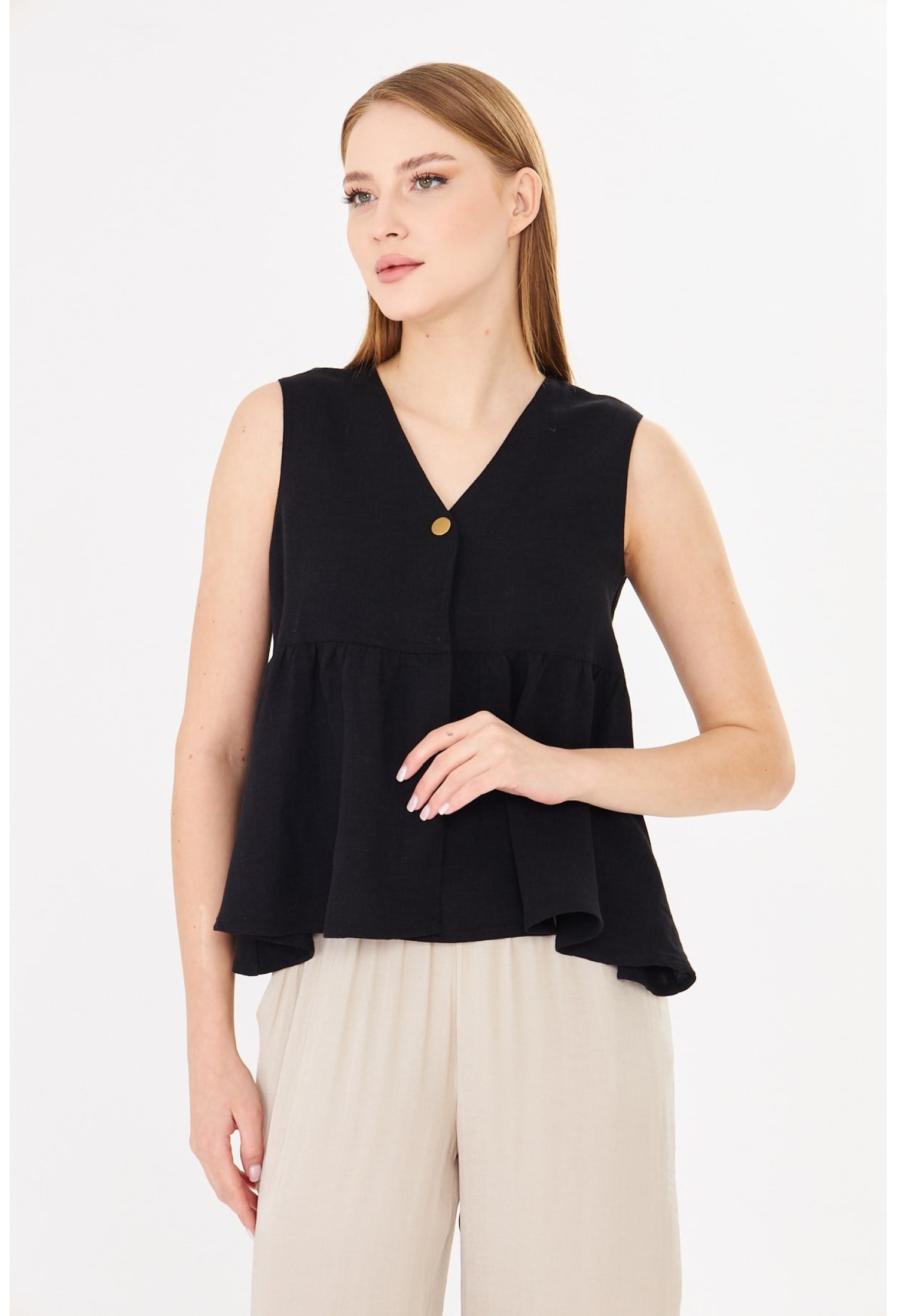 Blouse With V-Neck And Cap Sleeves