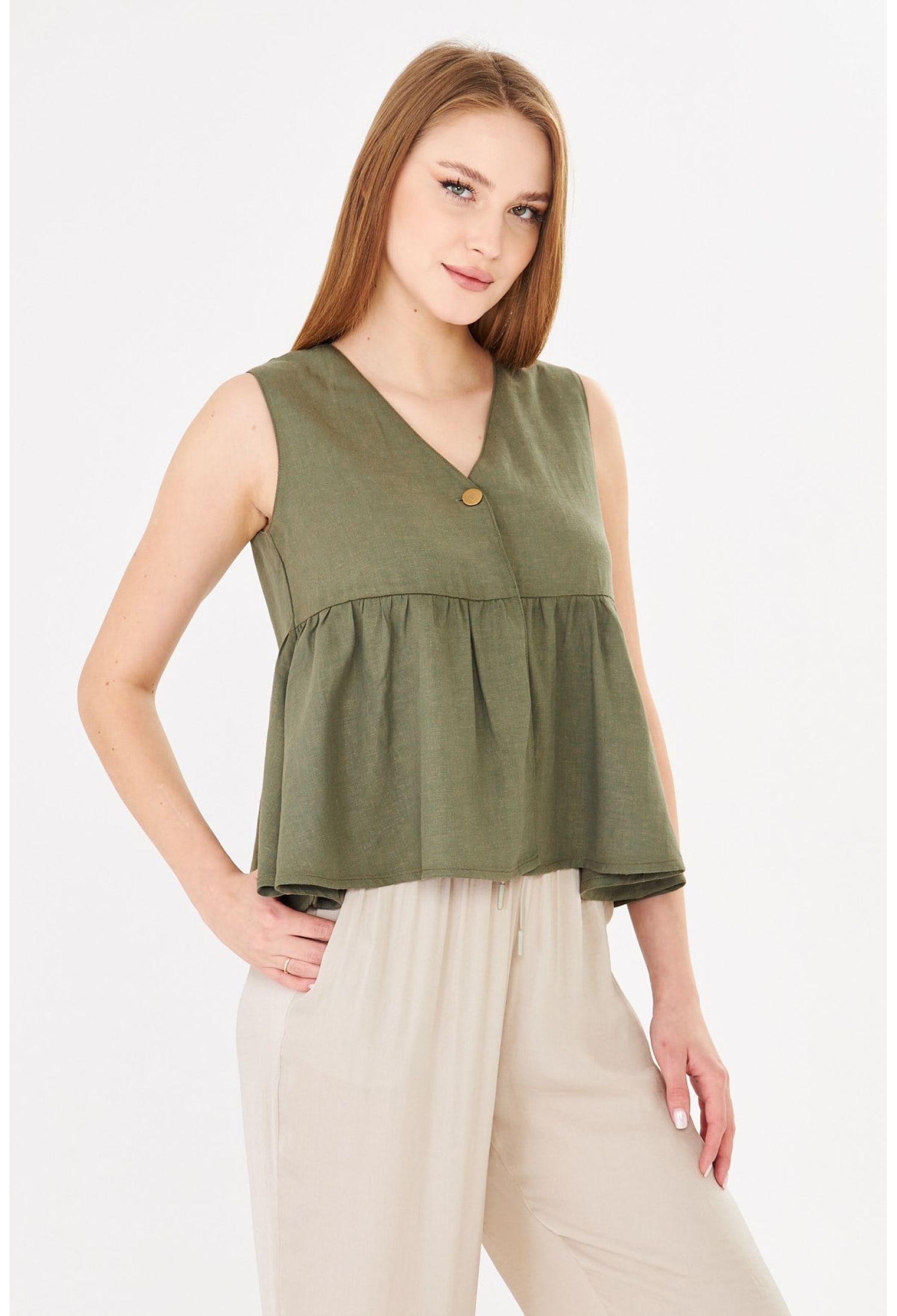 V-Neck Sleeveless Cap Sleeve Blouse
