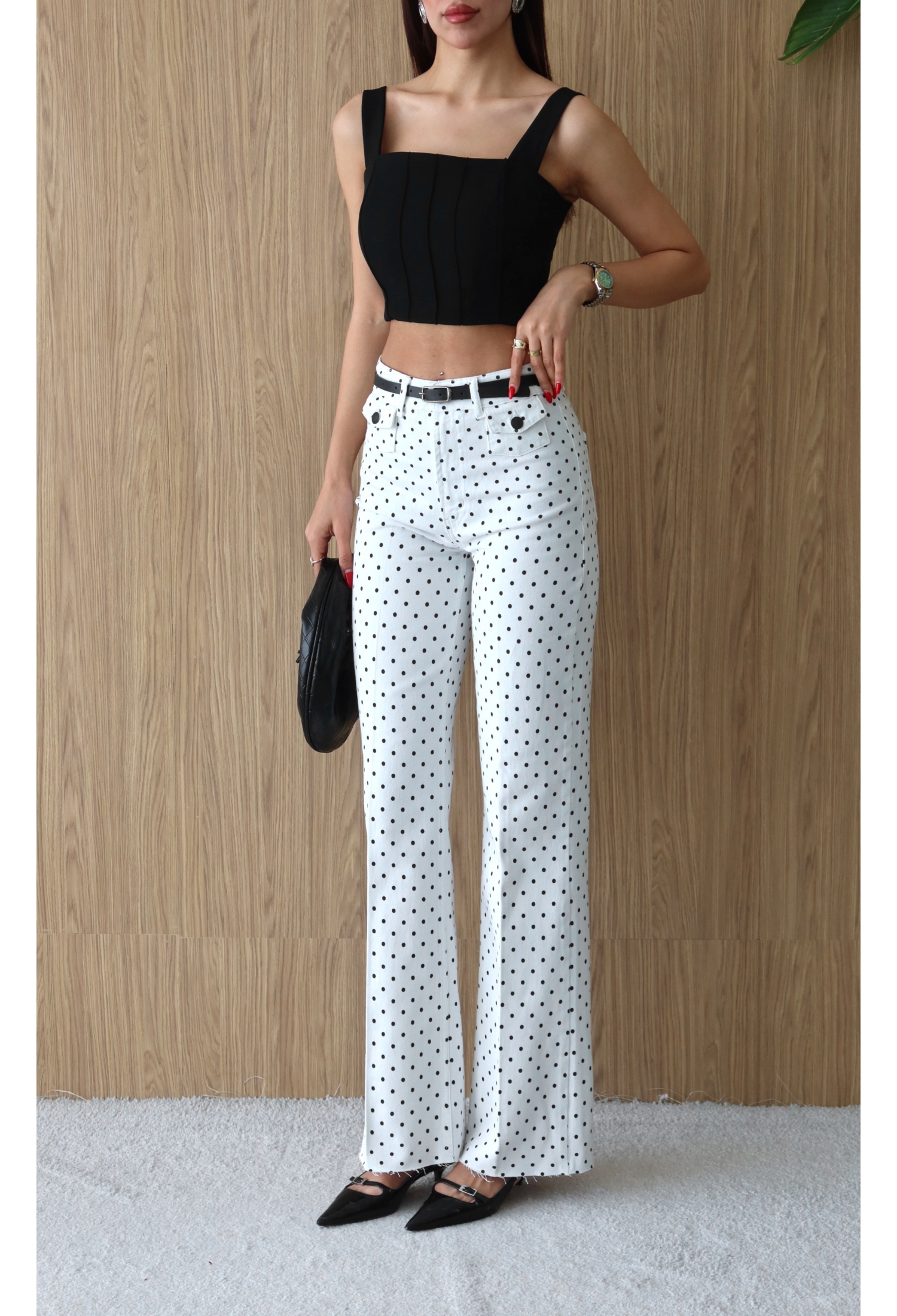 White Polka Dot Retro Jeans With High Waist