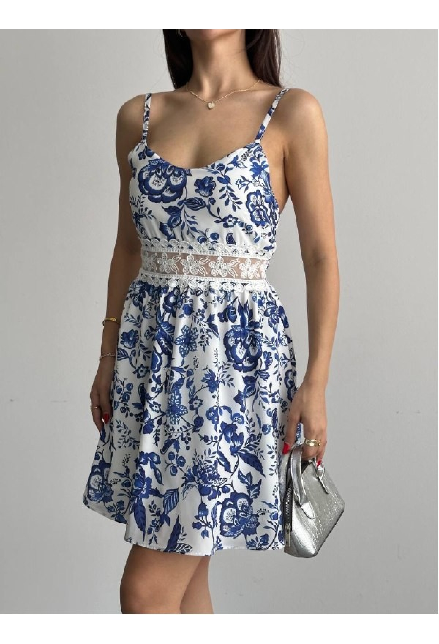 Blue Fit And Flare Mini Dress With Sweetheart Neck