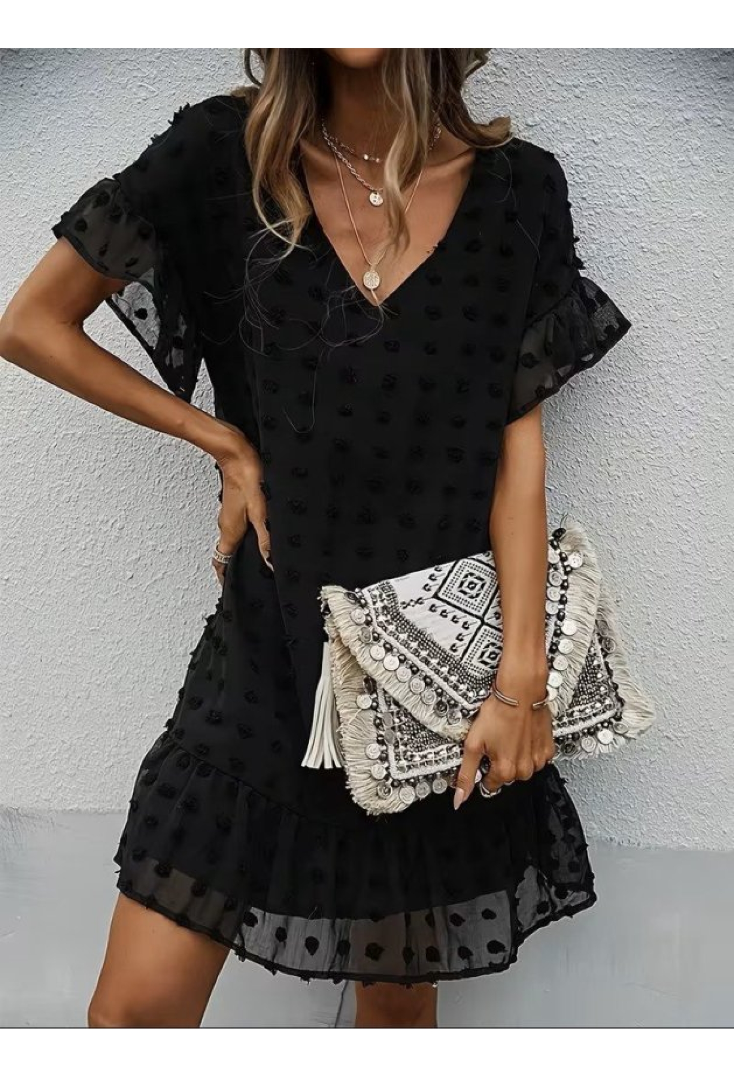 Polka Dot Shift Dress With Ruffle Sleeves