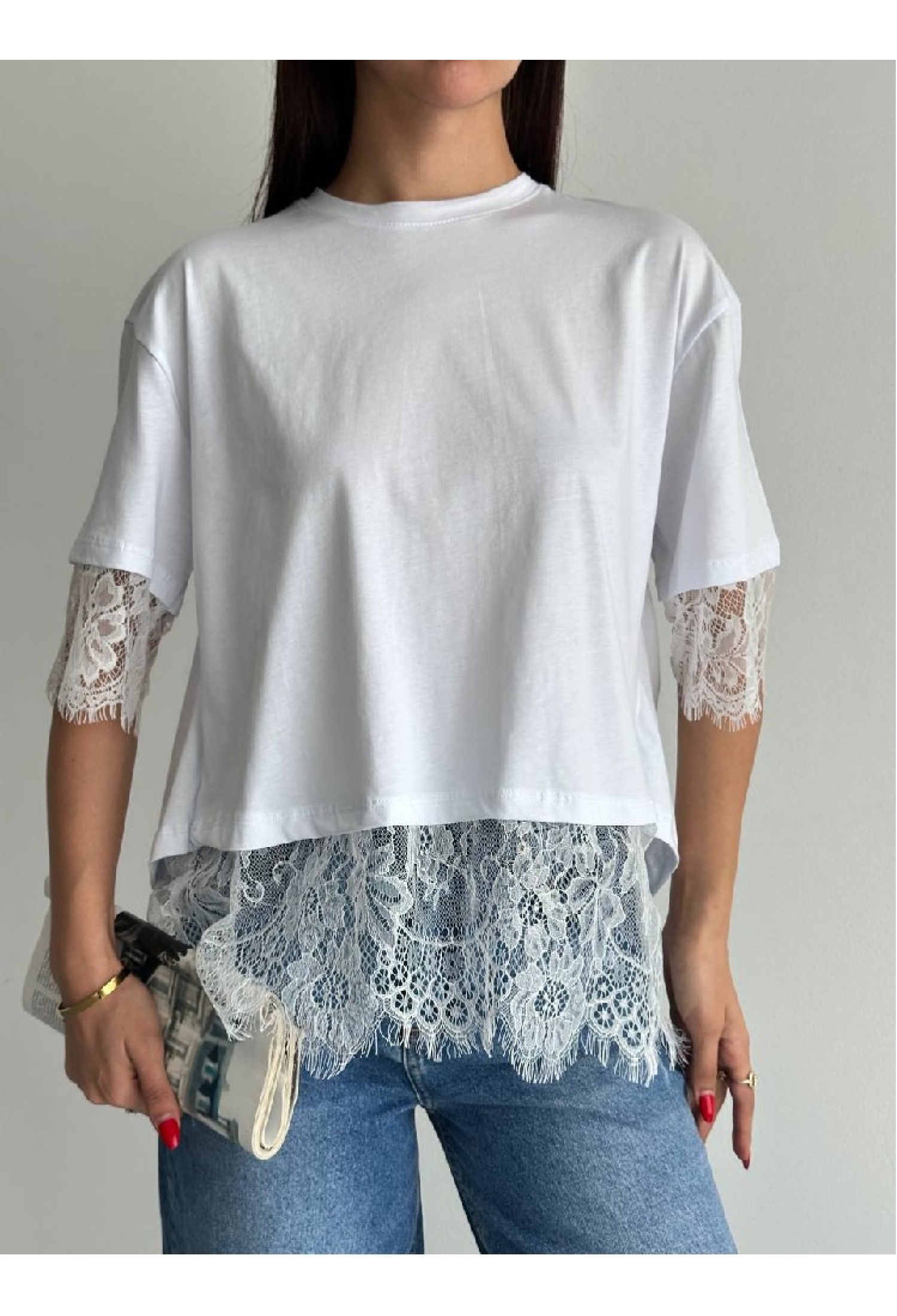 White Blouse With Half Sleeves And Round Neck