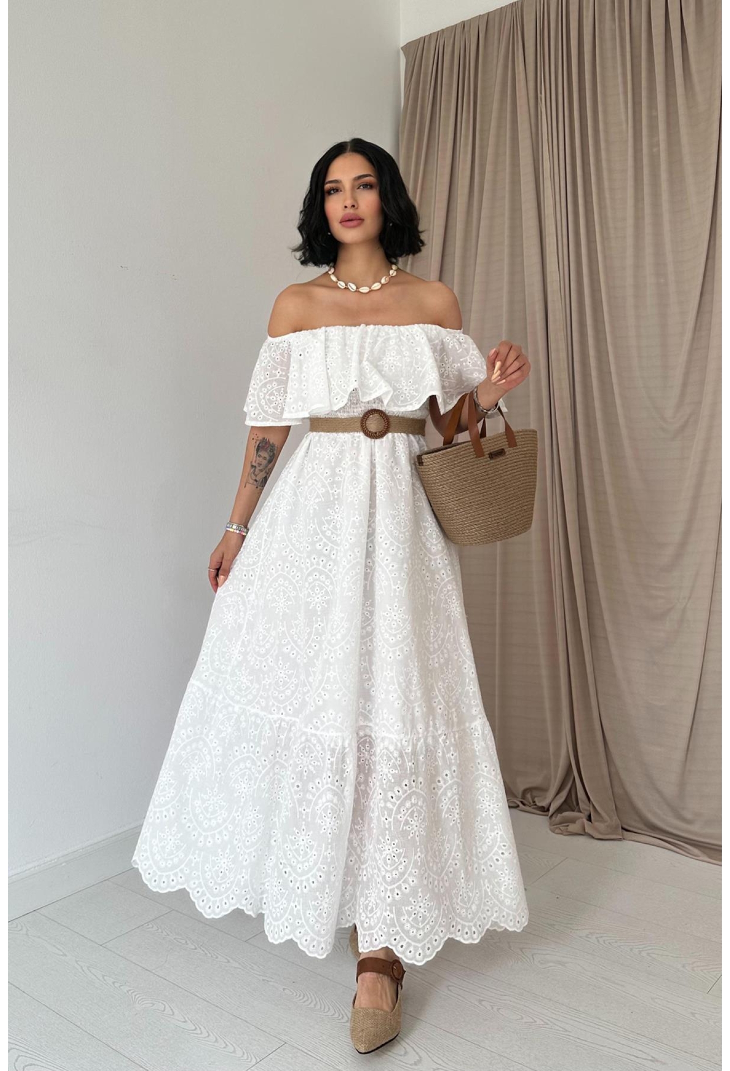 Embroidery Dress With Elastic Shoulders