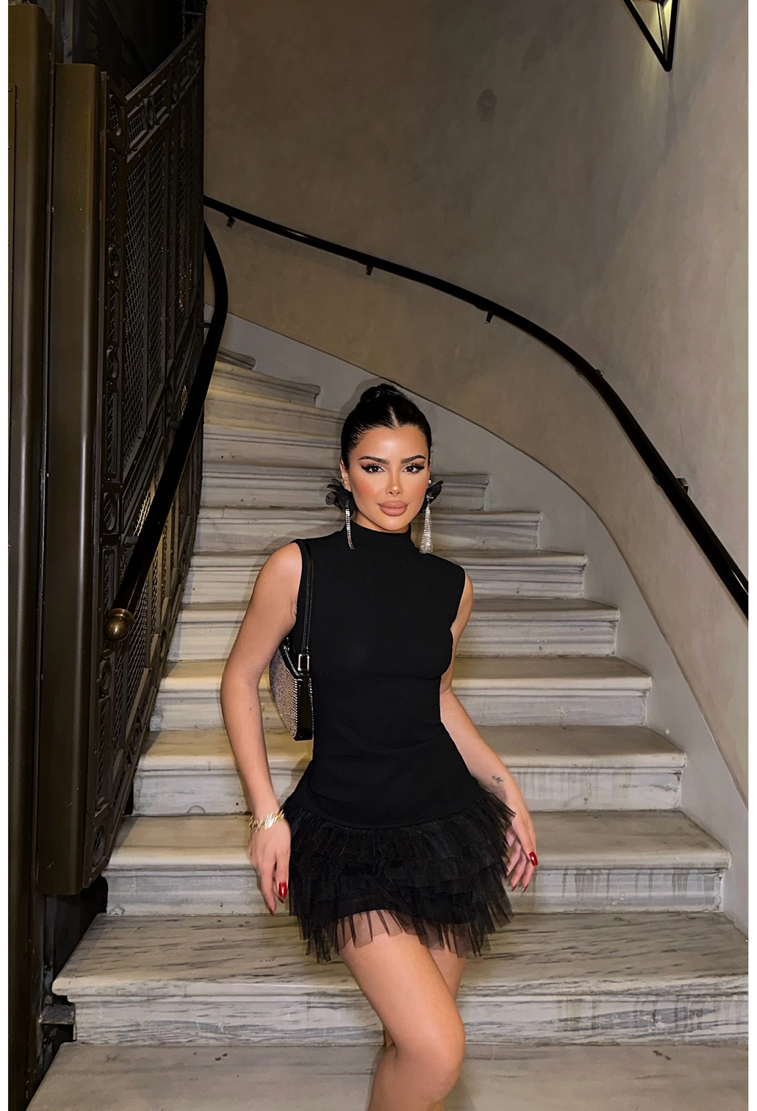 Black Zero Sleeve Tulle Detail Dress