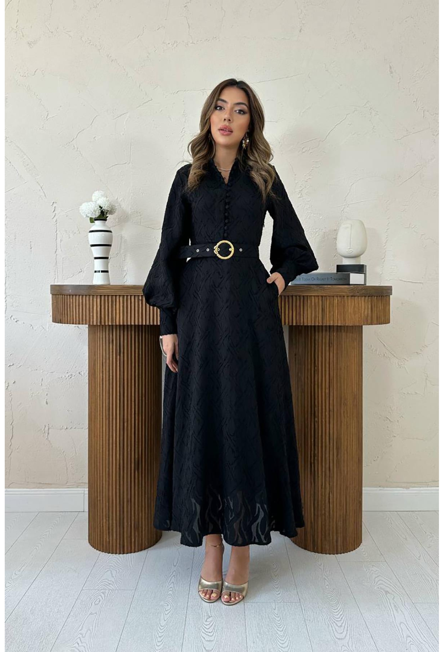 Wholesale Belt Detailed Long Dress