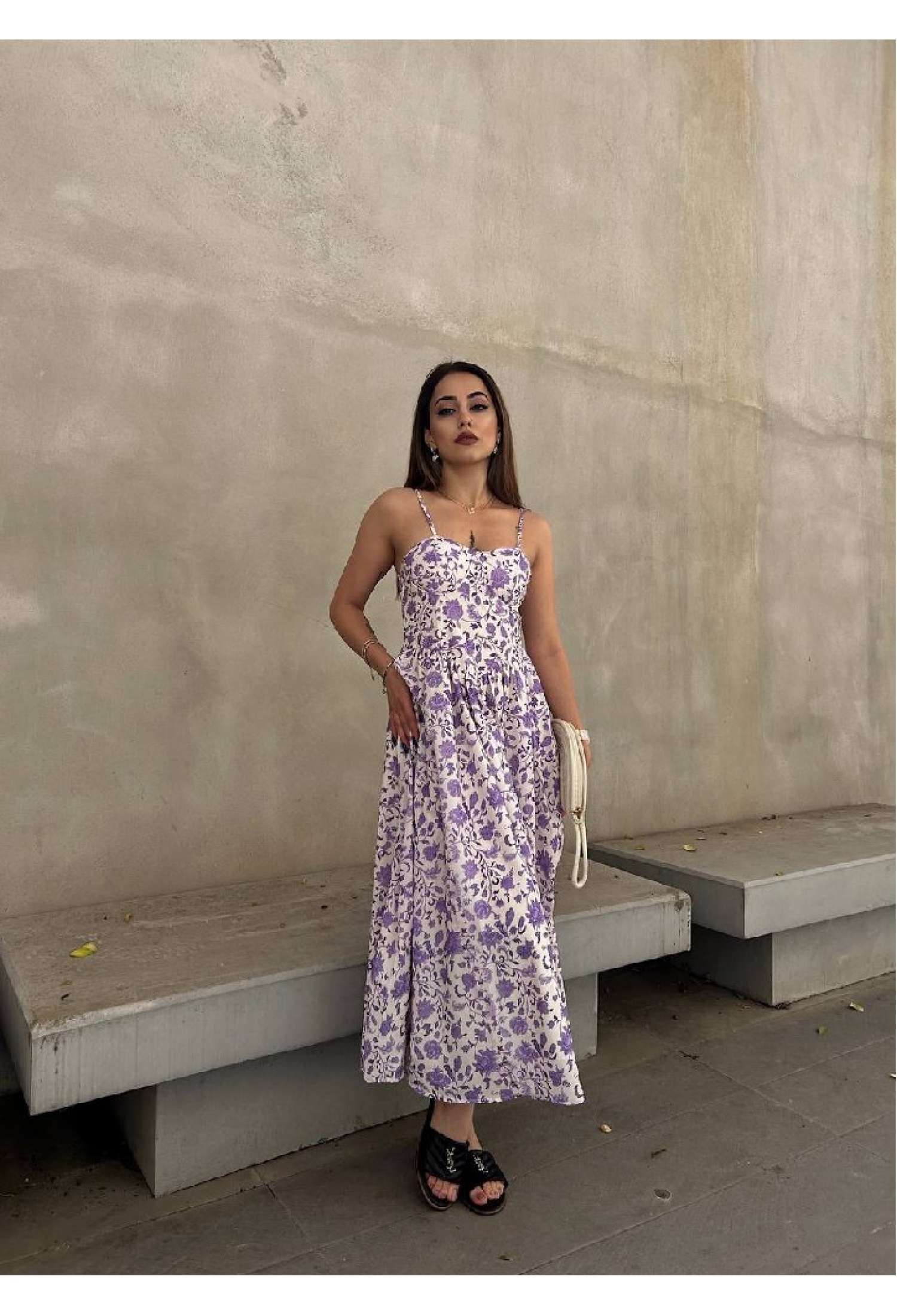 Purple Elegant Floral Slip Dress With Square Neck