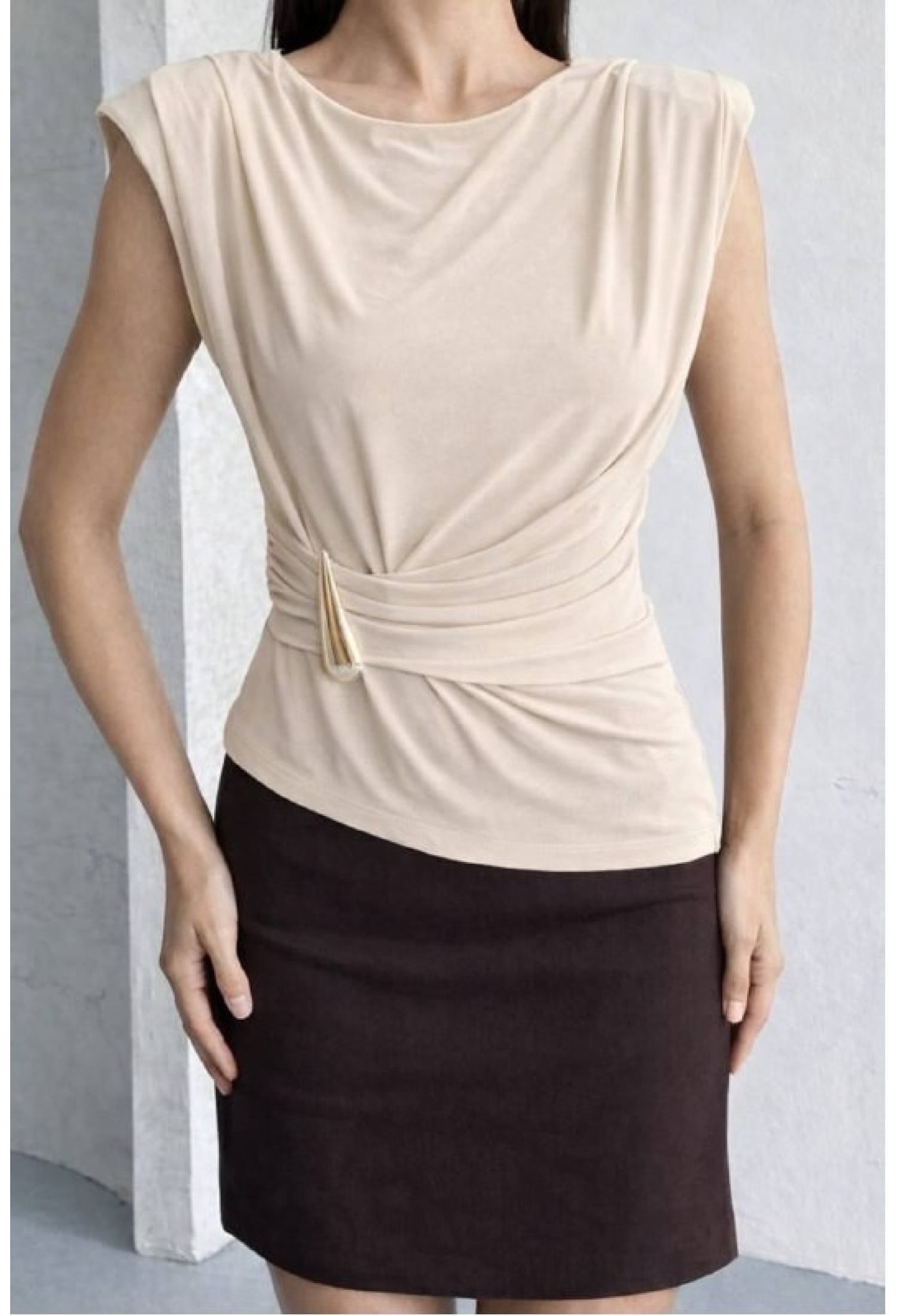 Elegant Beige Blouse With Cap Sleeves