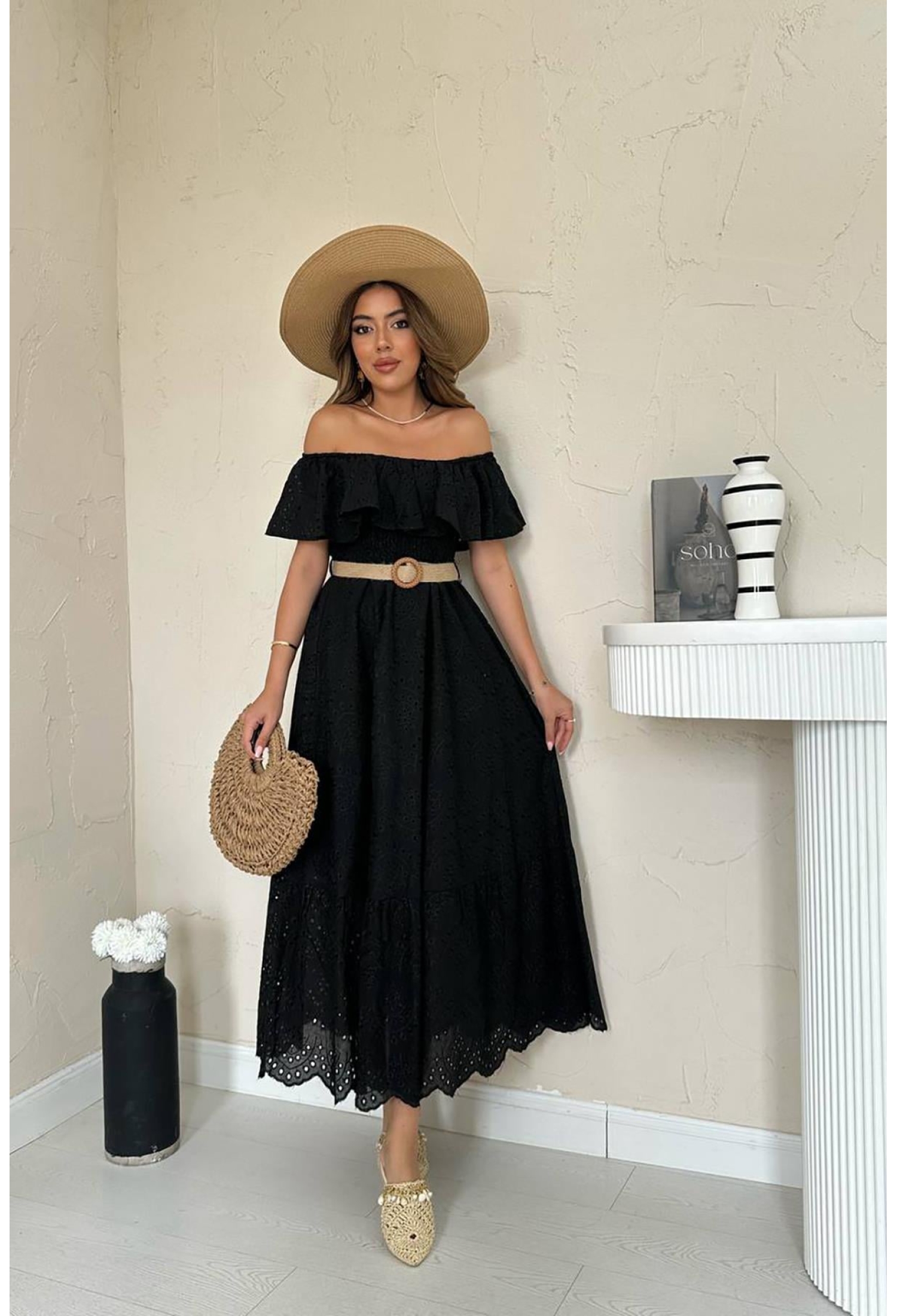 Embroidery Dress With Elastic Shoulders