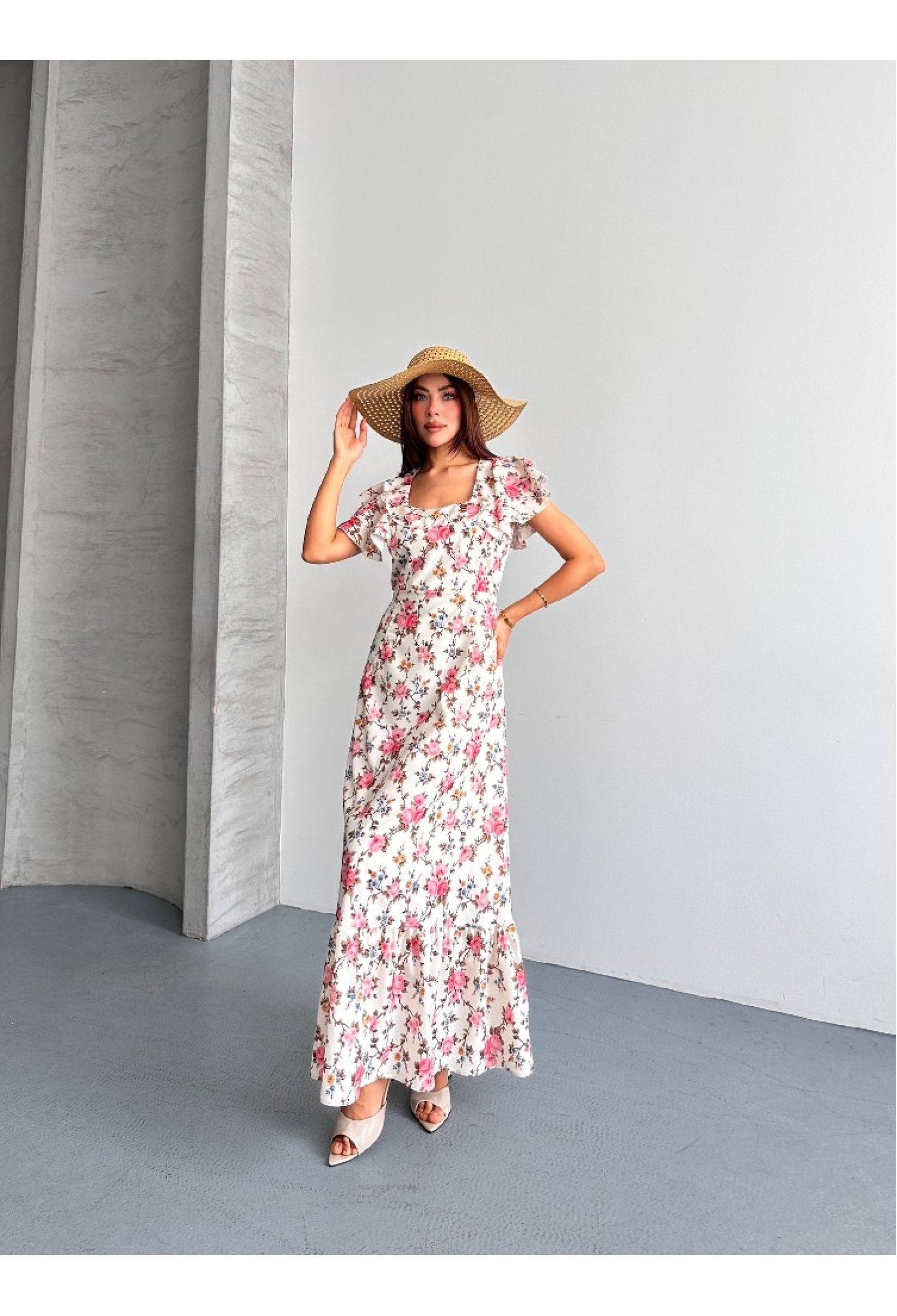 White Boho Fit And Flare Dress With Ruffle Sleeves