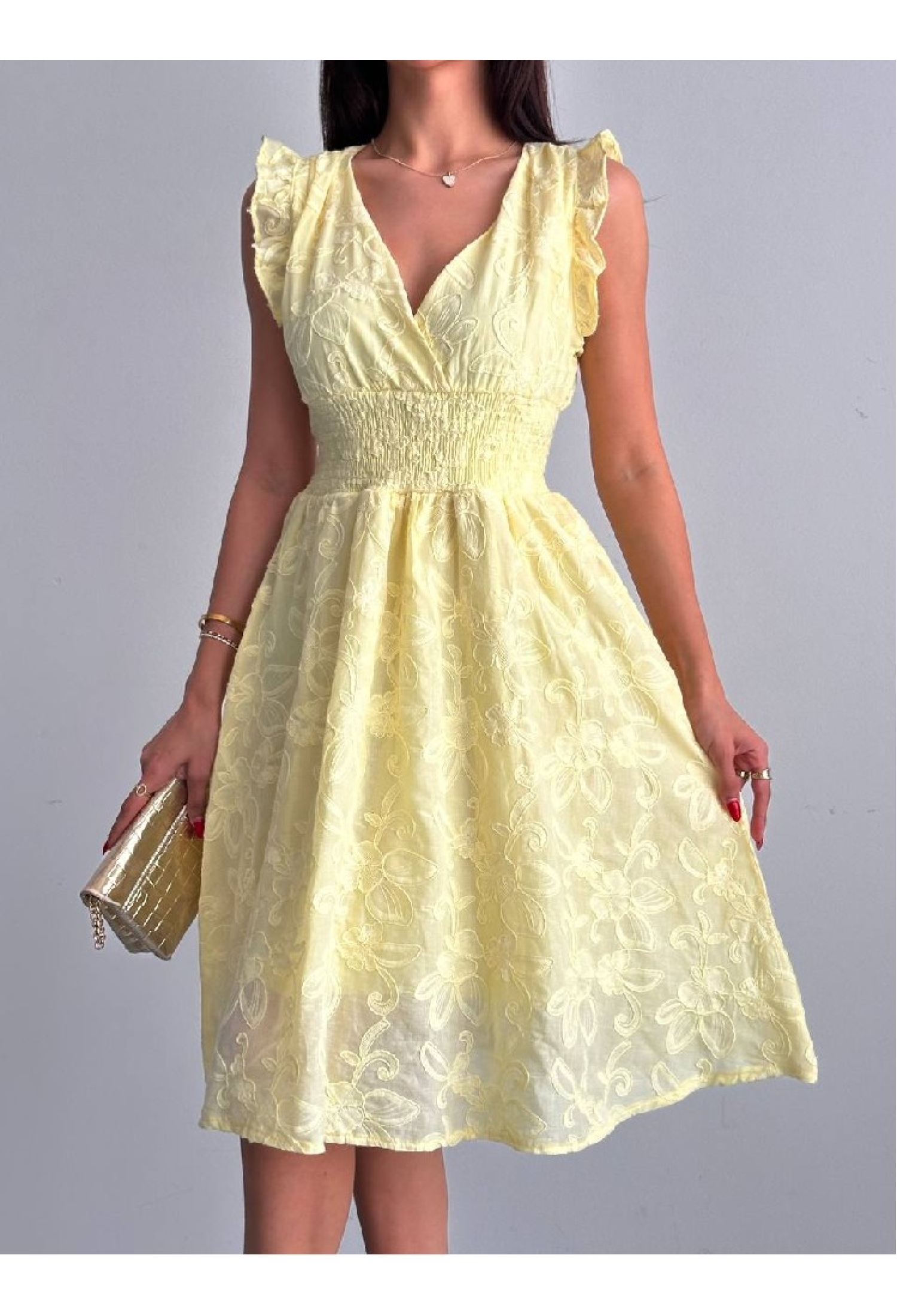 Fit And Flare Dress With V-Neck And Ruffle Sleeves
