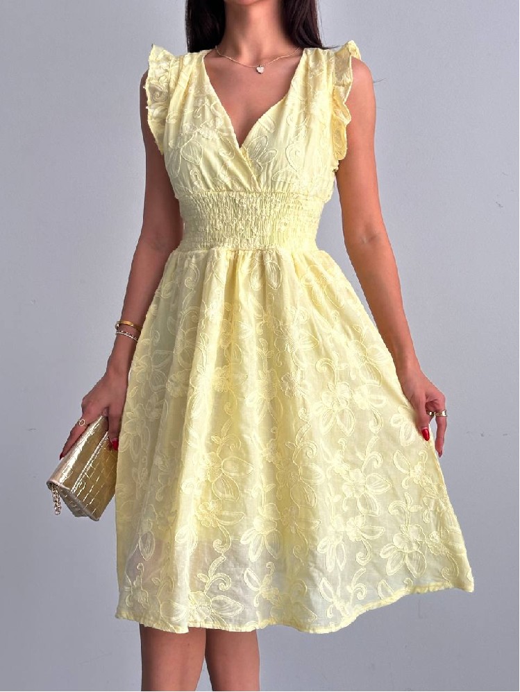 Fit And Flare Dress With V-Neck And Ruffle Sleeves
