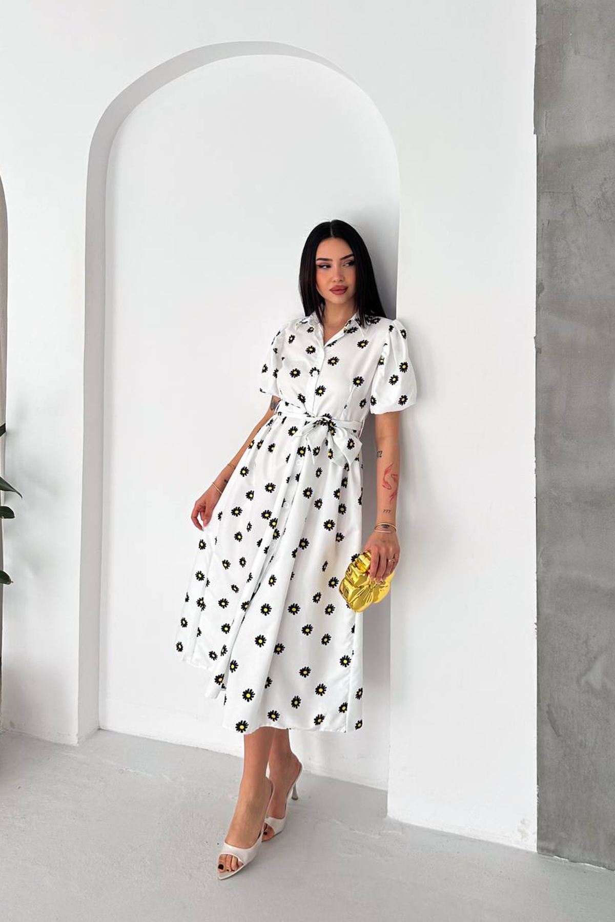 Floral Midi Shirt Dress With Puff Sleeves