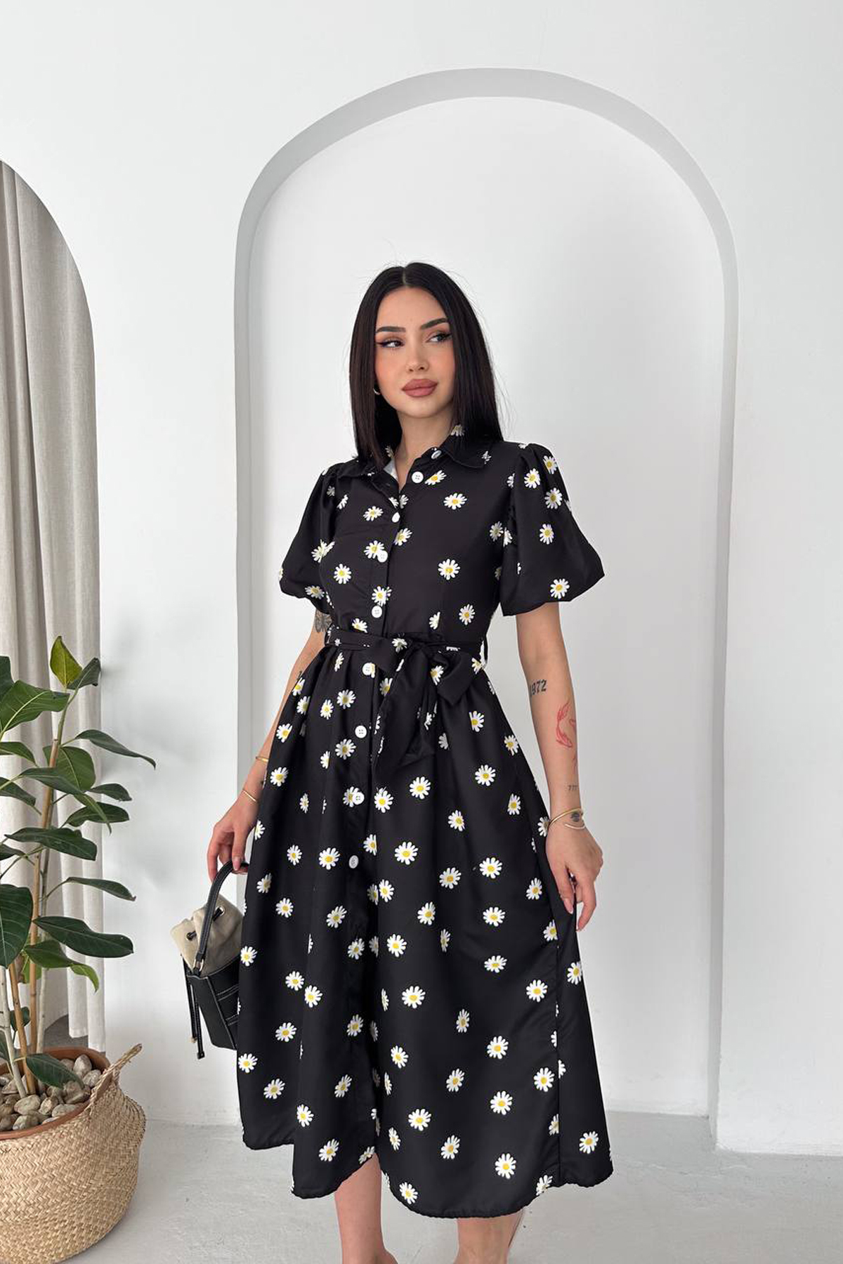 Floral Midi Shirt Dress With Puff Sleeves