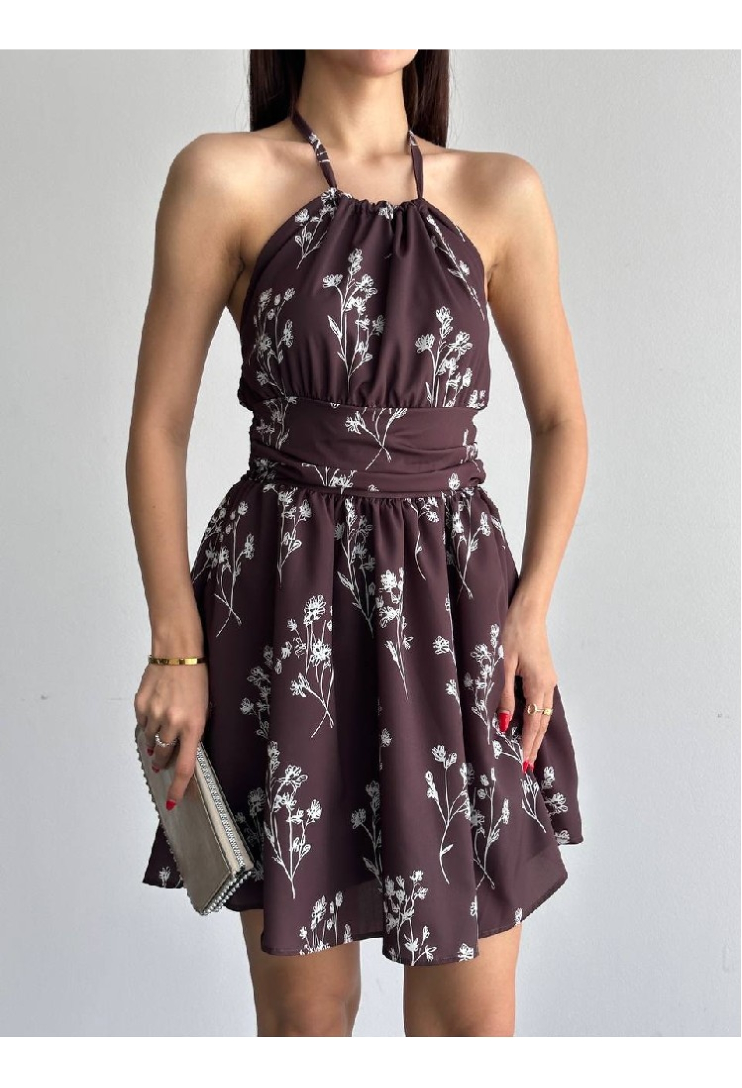 Brown Fit And Flare Halter Neck Mini Dress