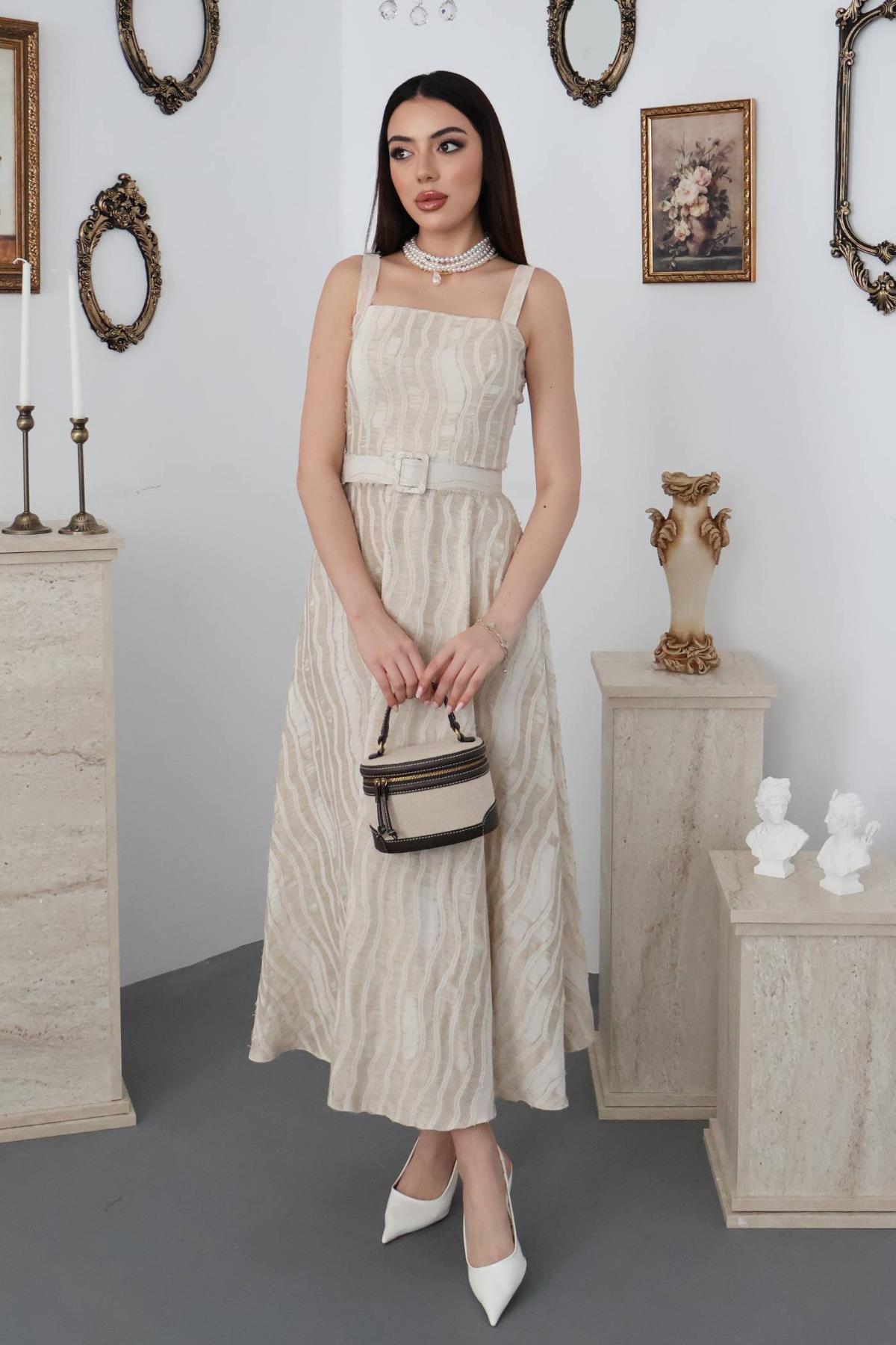 Beige Fit And Flare Striped Midi Dress
