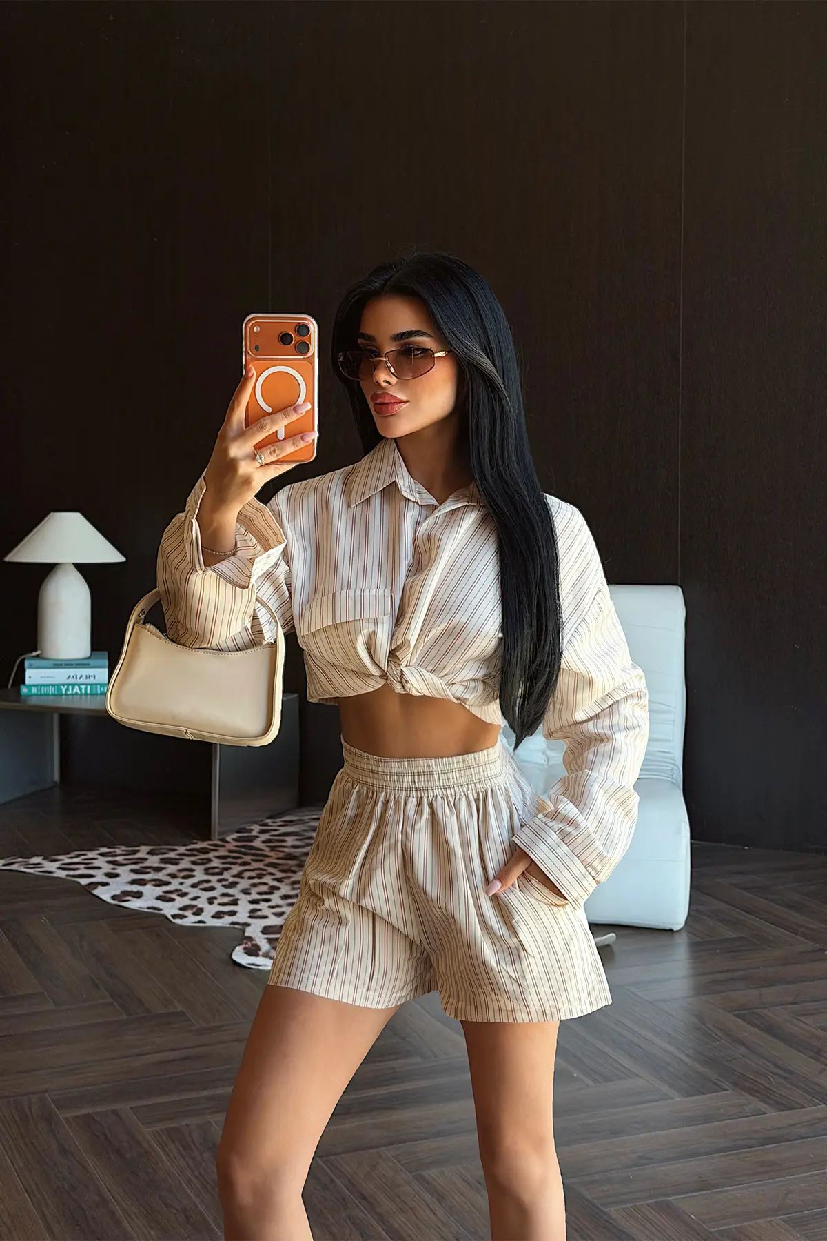Beige Oversized Casual Striped Set