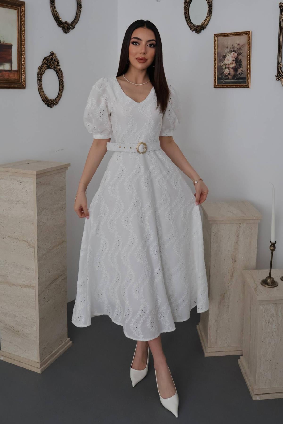 Elegant White A-Line Midi Dress With V-Neck