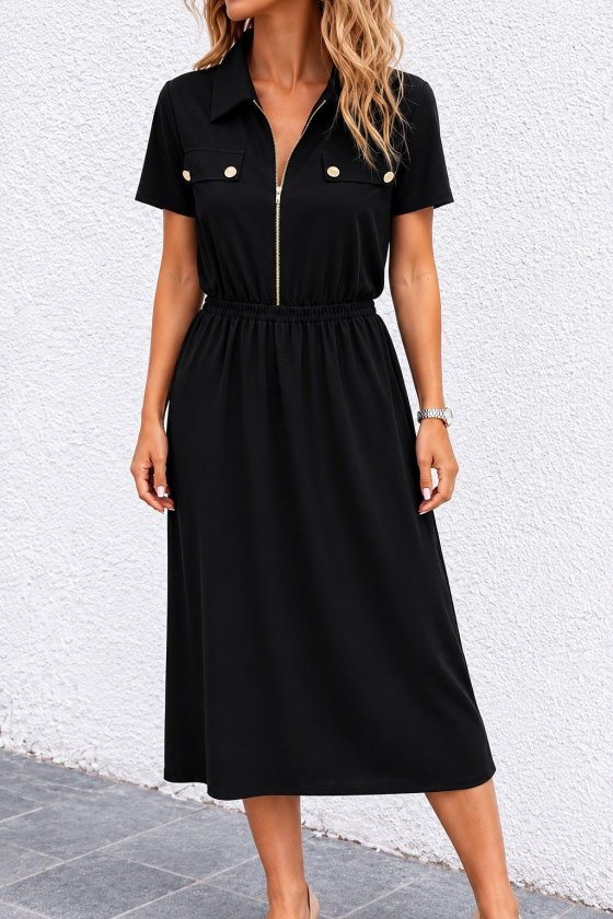 Shirt Dress With Notched Neck And Short Sleeves