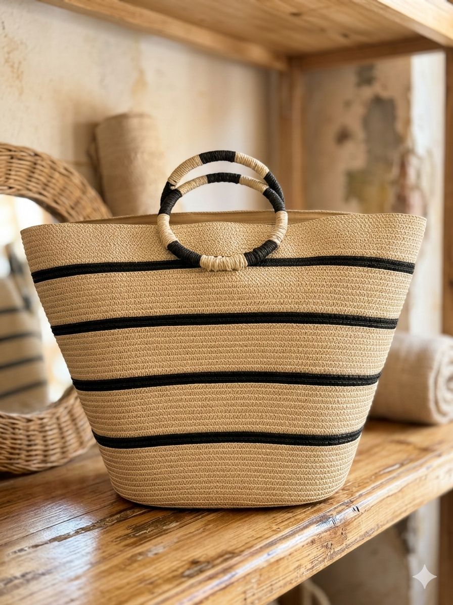 Black Striped Straw Bag