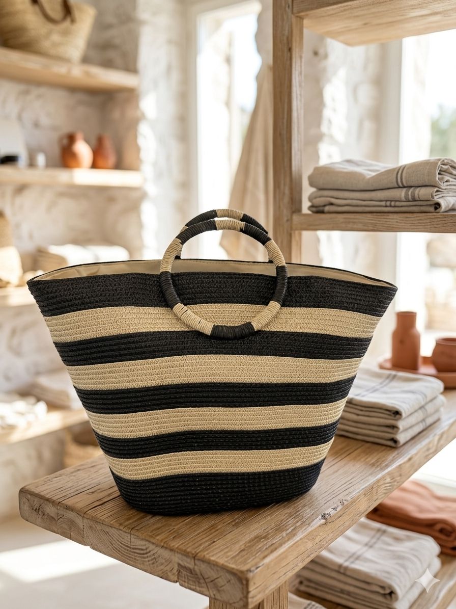 Black Striped Straw Bag
