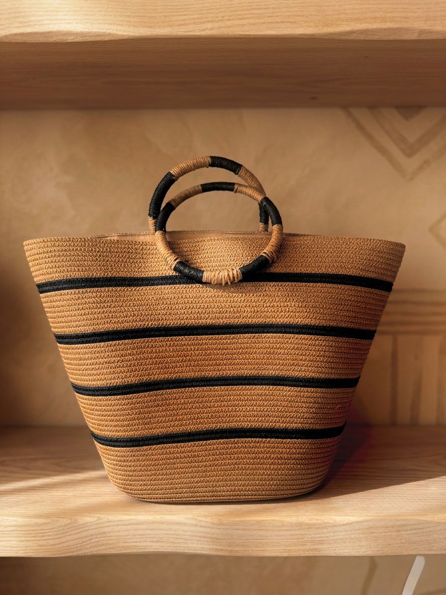 Camel Striped Straw Bag
