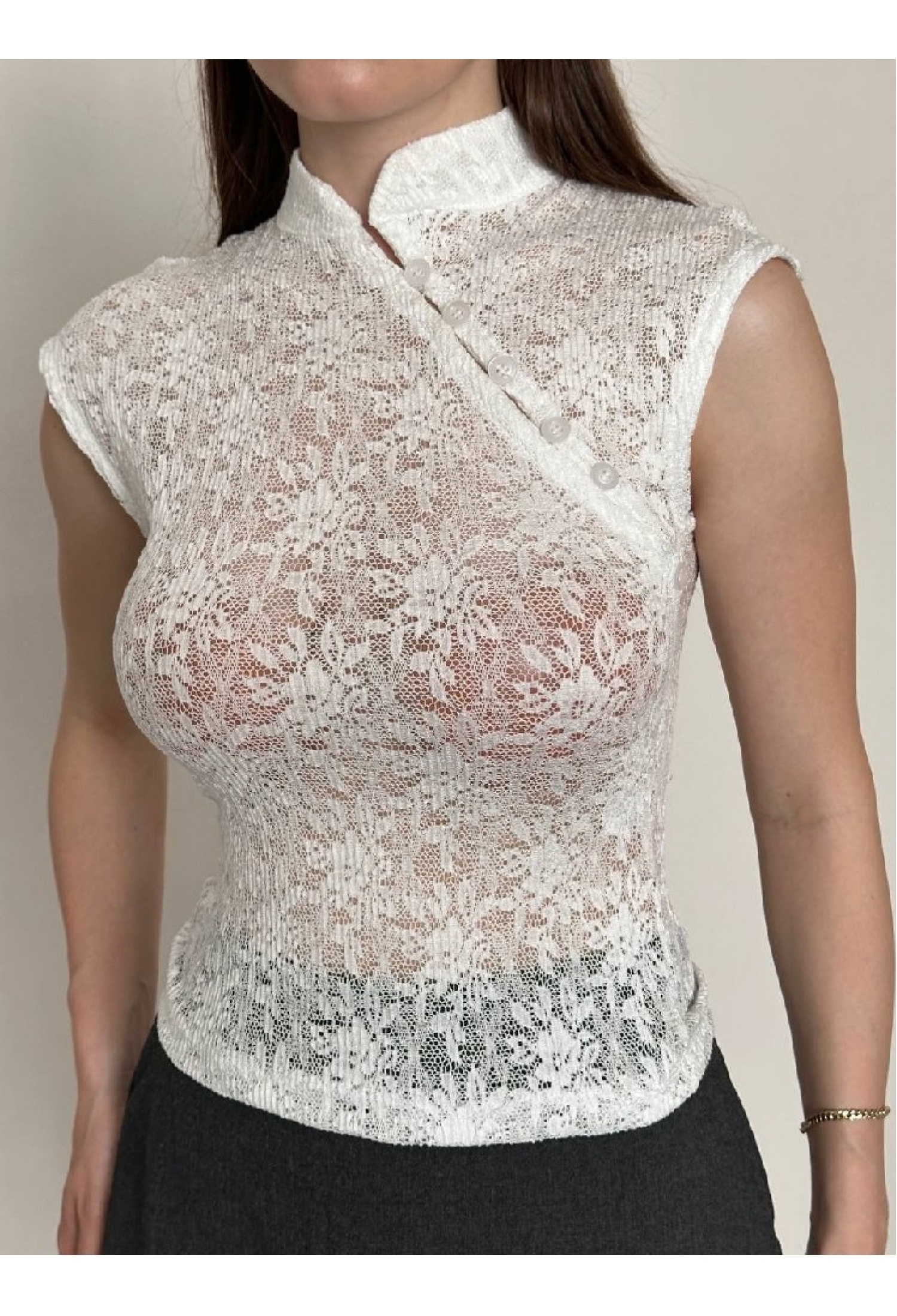 White Floral Slim Fit Blouse With Shawl Collar