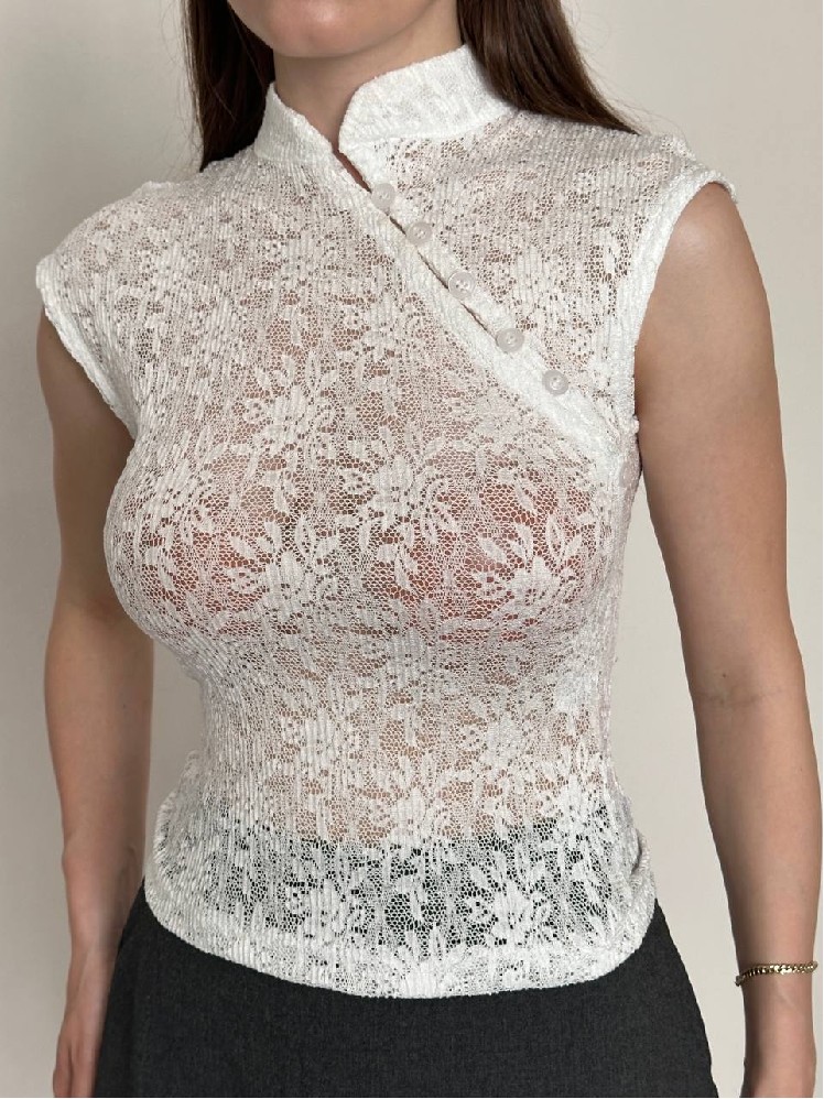 White Floral Slim Fit Blouse With Shawl Collar