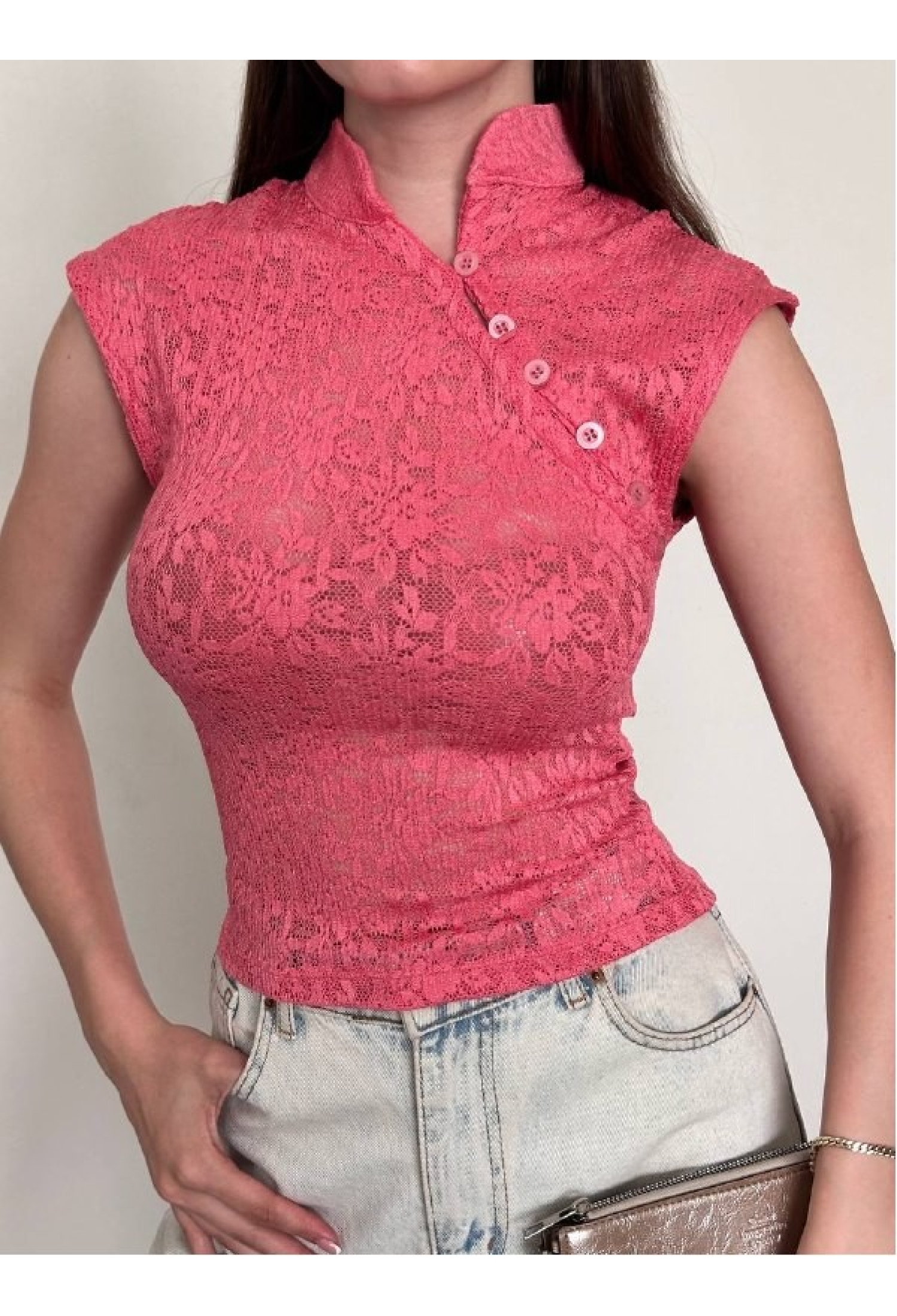 Floral Fitted Blouse With Grandad Neck