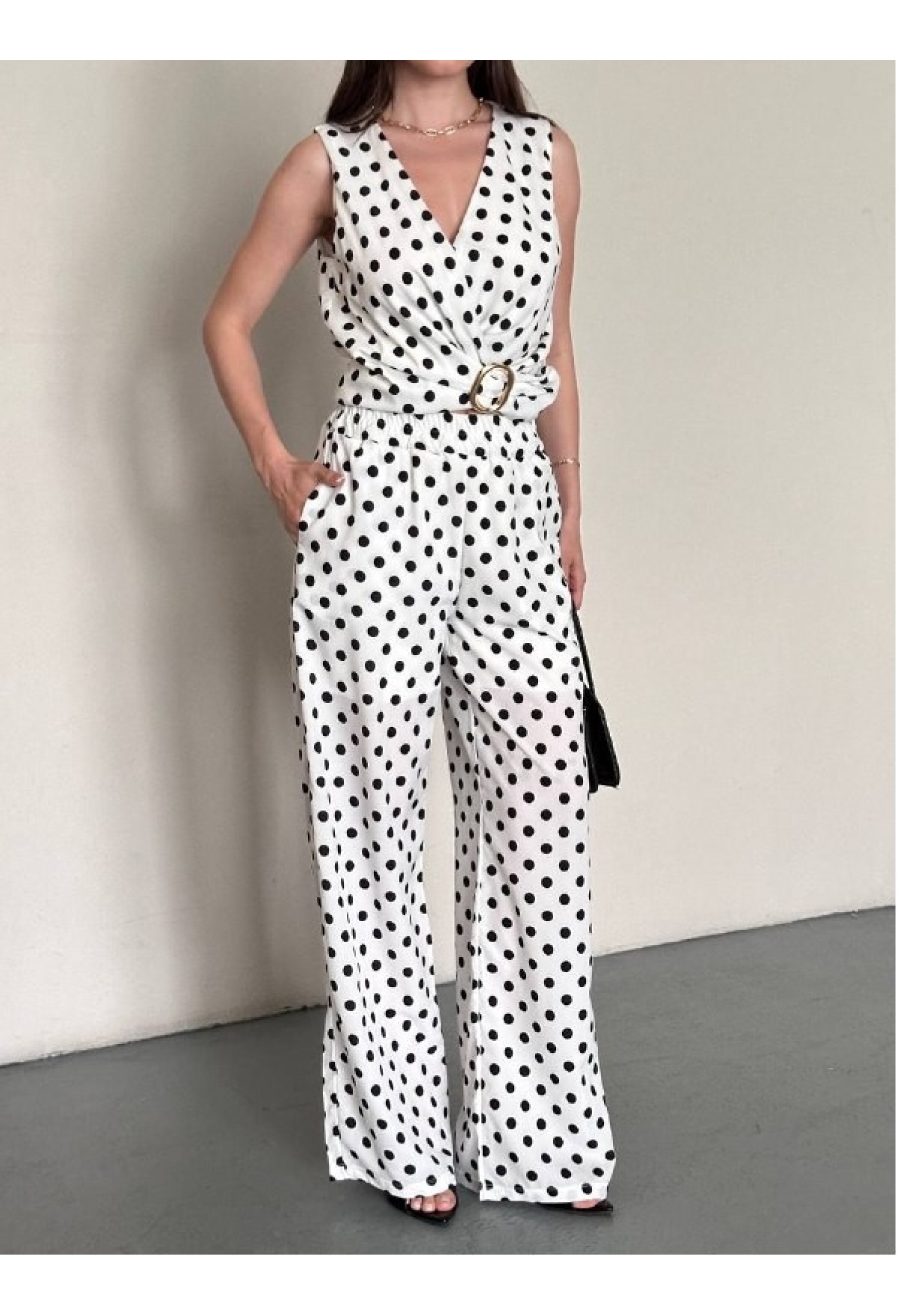 White Elegant Polka Dot Palazzo Set