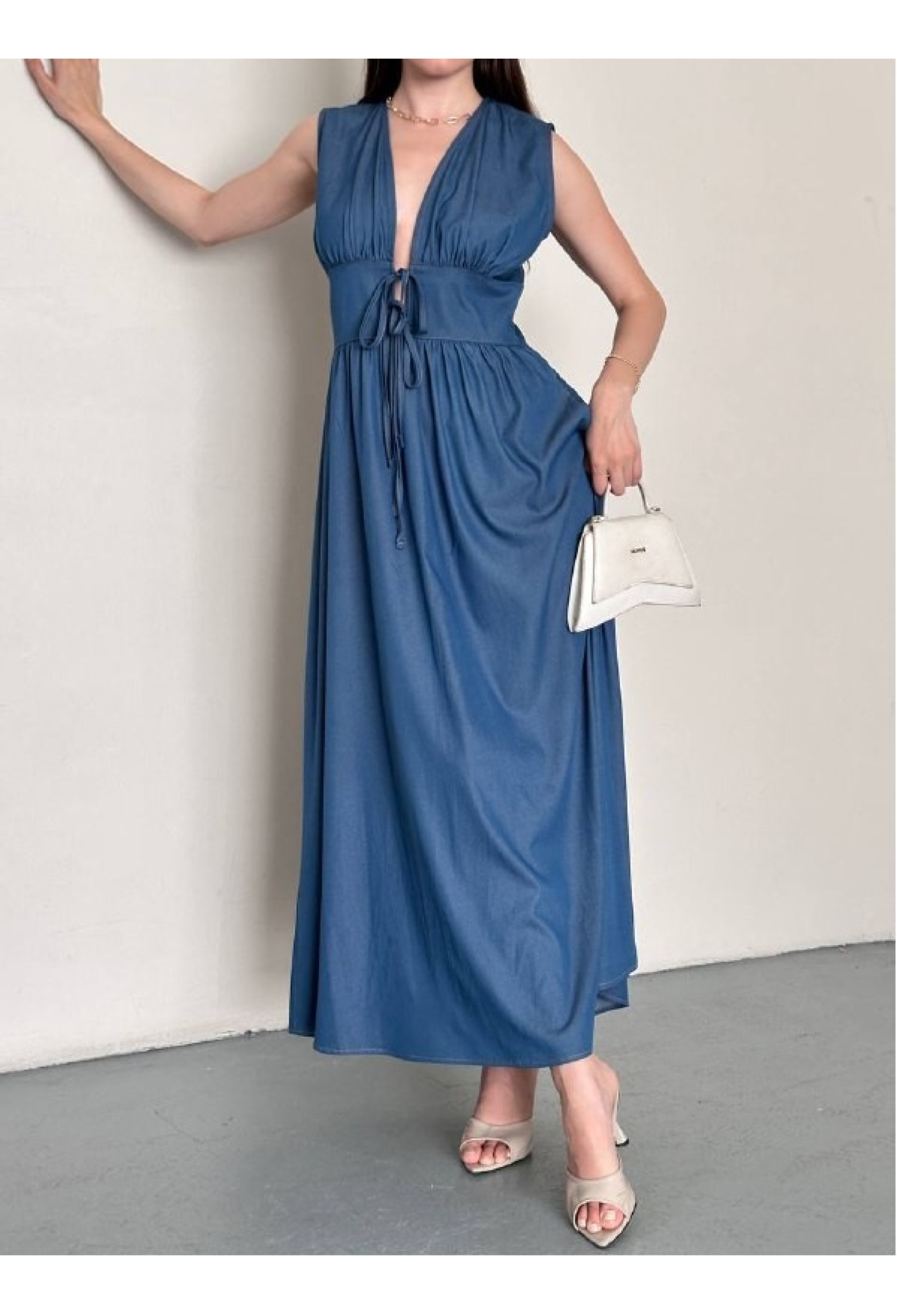 Blue Wrap Dress With Plunging Neck And Cap Sleeves