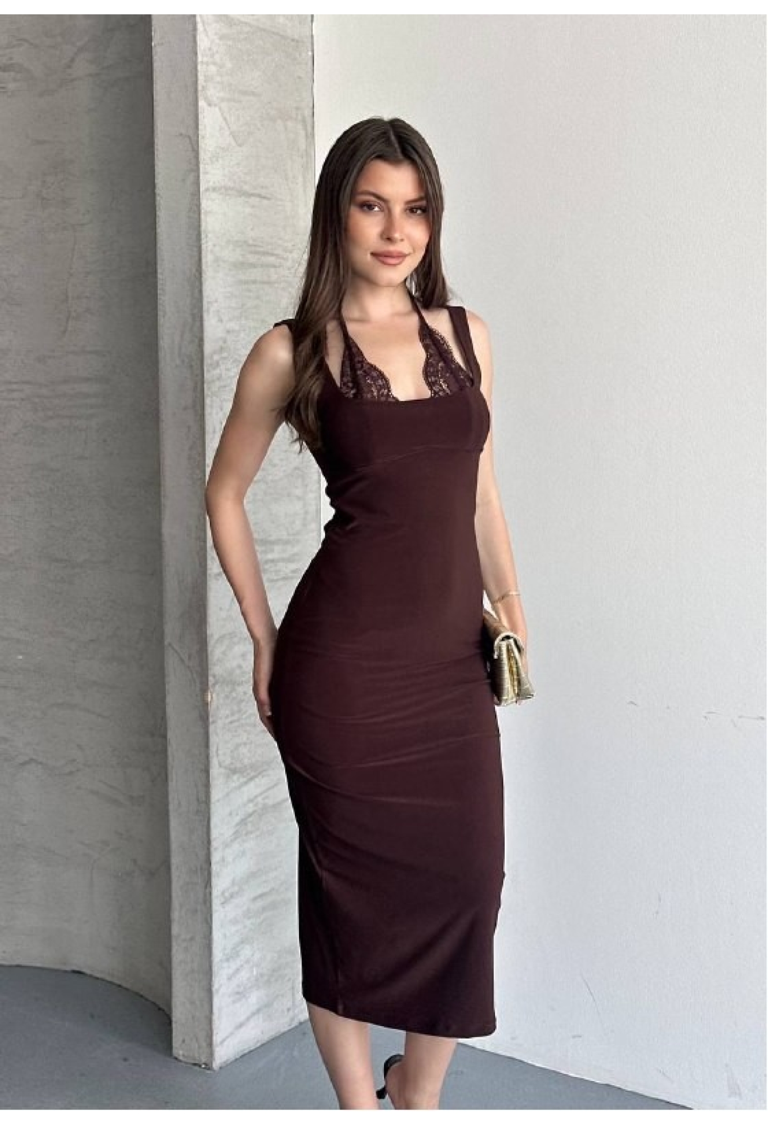 Claret Red Bodycon Halter Neck Midi Dress